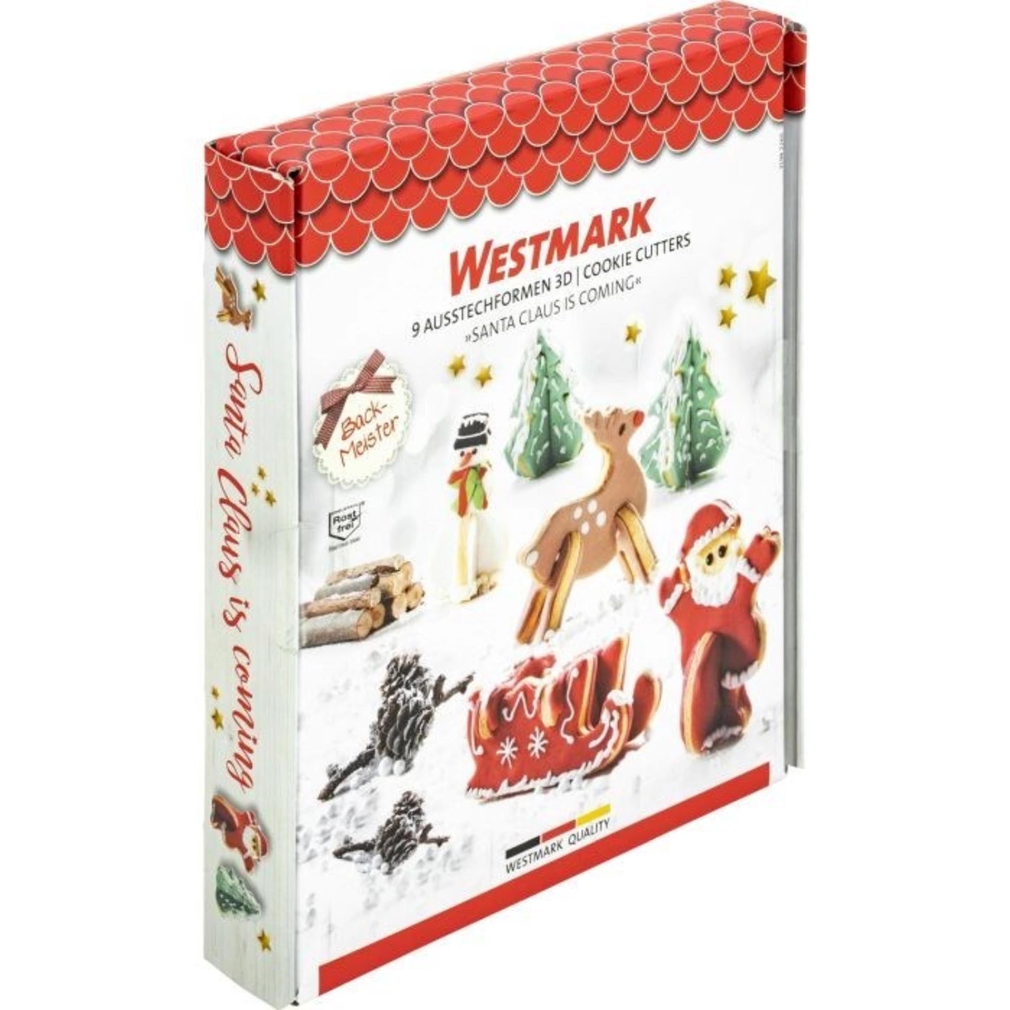 Kreatives 9-teiliges 3D-Ausstechformen-Set von Westmark für festliche Plätzchen in Santa Claus-Form und weiteren weihnachtlichen Motiven.