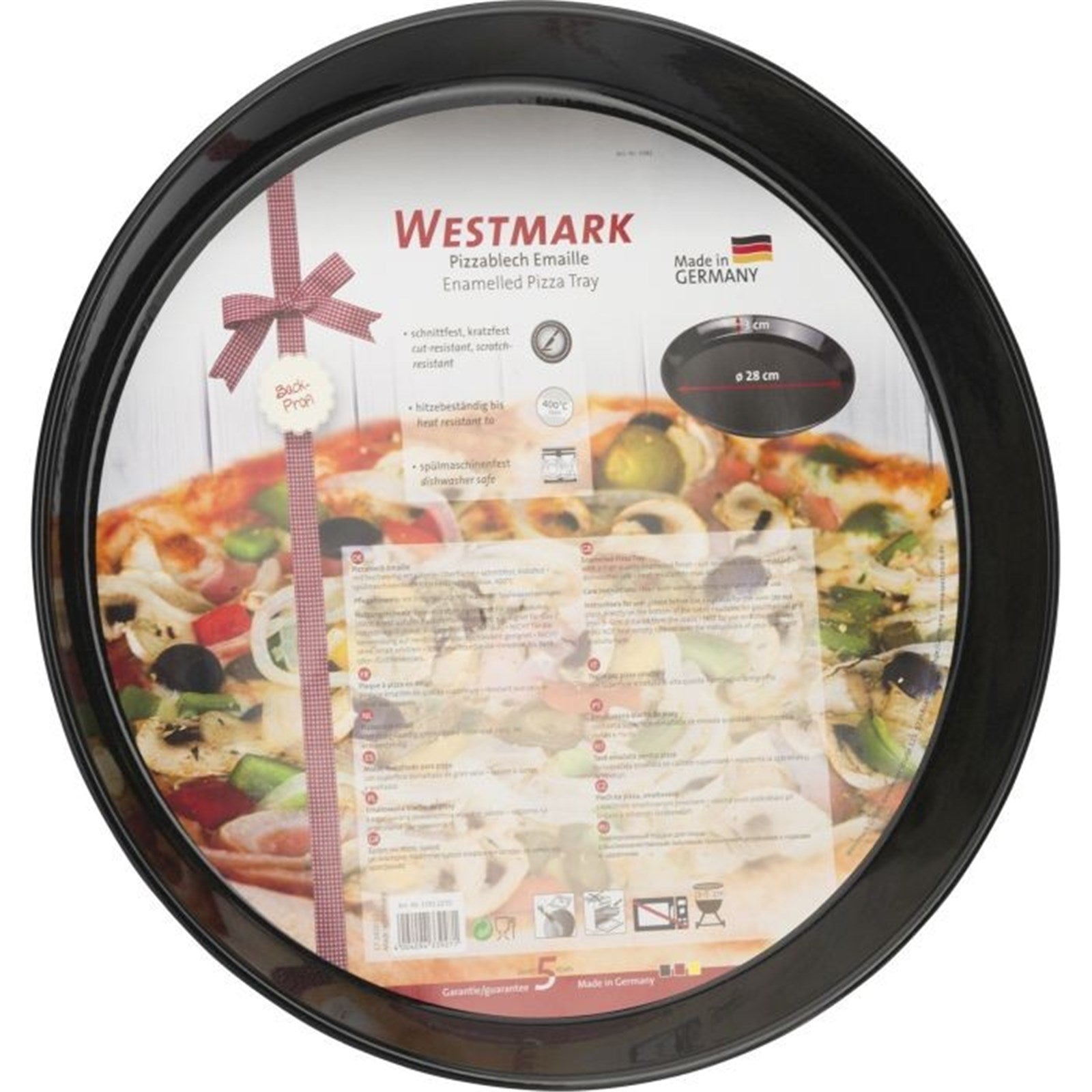 Hochwertiges Emaille-Backblech, 28 cm Durchmesser, 3 cm Höhe, perfekt für Pizza und Wähen, robust, leicht zu reinigen und hitzebeständig.