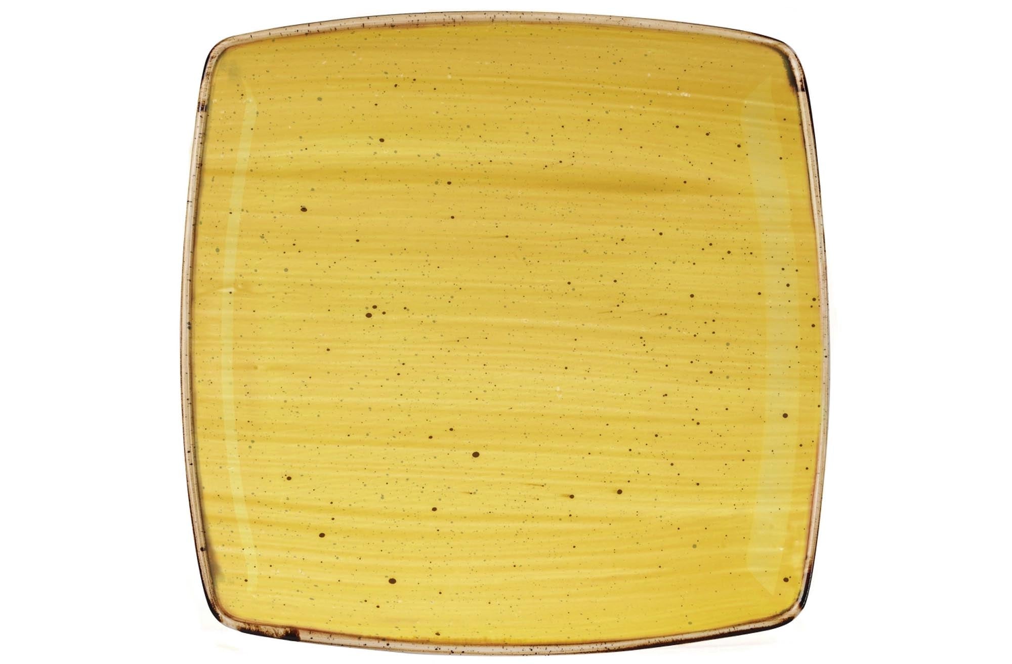 Die Stonecast Mustard Yellow Platte von Churchill: Quadratisch, 26.8cm, aus kratzfestem Porzellan, senfgelb, spülmaschinenfest, ideal für kreative Speisenpräsentation.