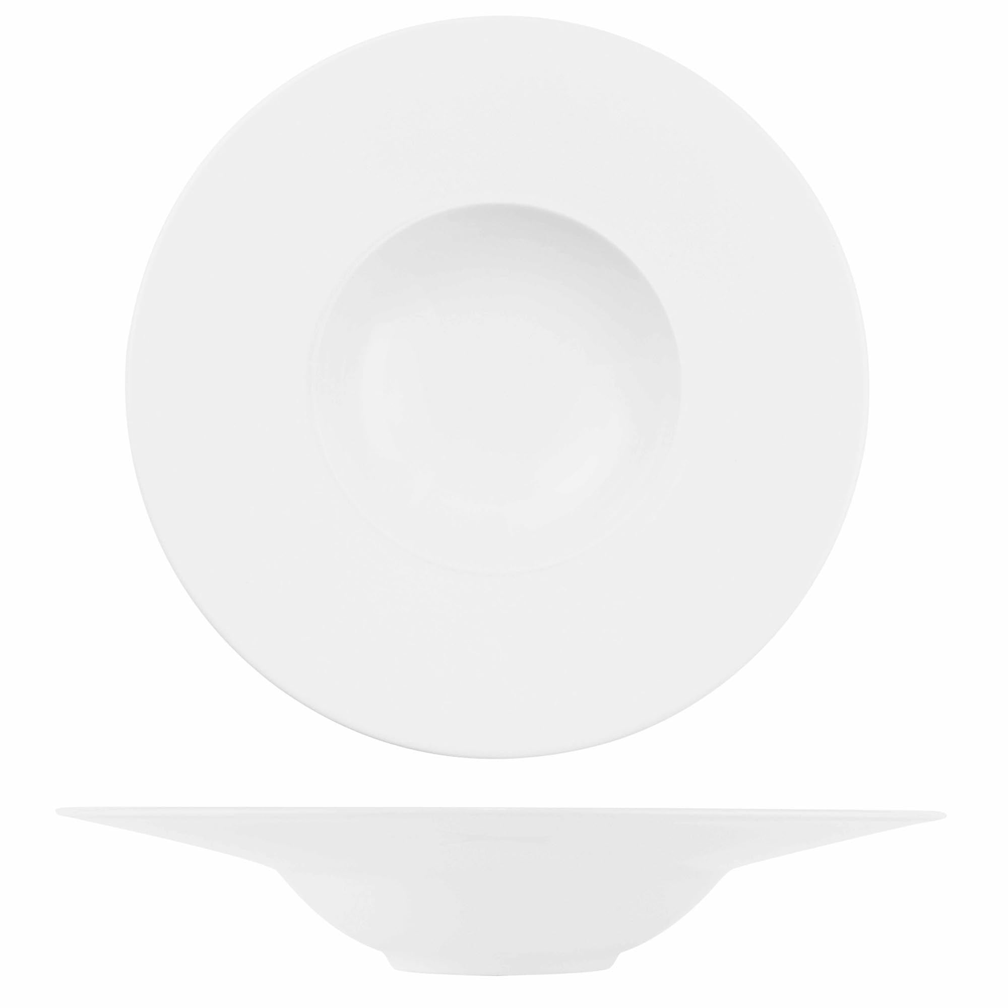 Eleganter Porzellanteller mit breiter Fahne, ideal für Suppen und Eintöpfe. Robust, langlebig, spülmaschinen- und mikrowellengeeignet.