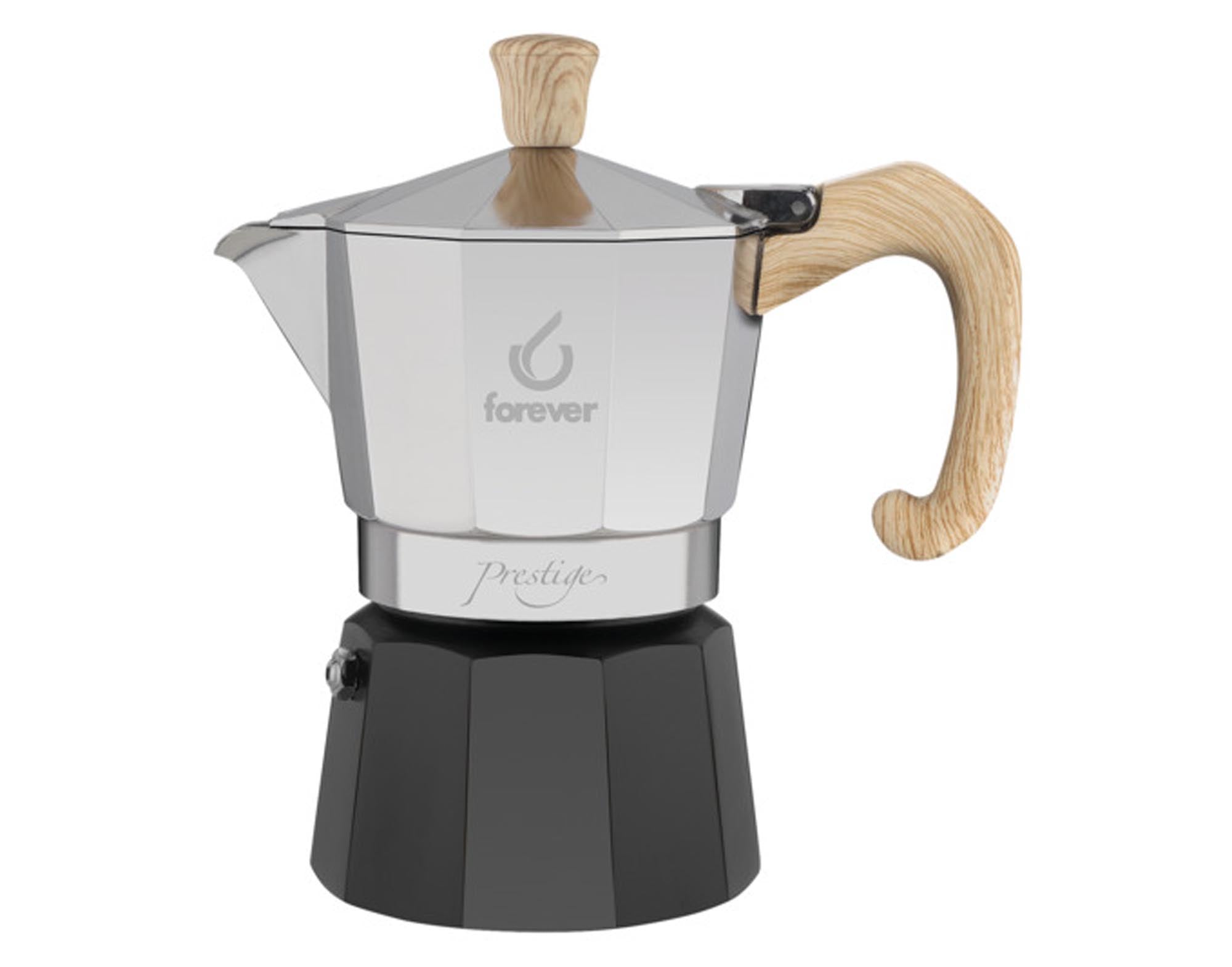 Entdecken Sie den FOREVER Kaffeezubereiter Woody Prestige für 3 Tassen. Hochwertiger Edelstahlfilter, ergonomischer Holzgriff und hitzebeständiges Glas für perfekten Kaffeegenuss.
