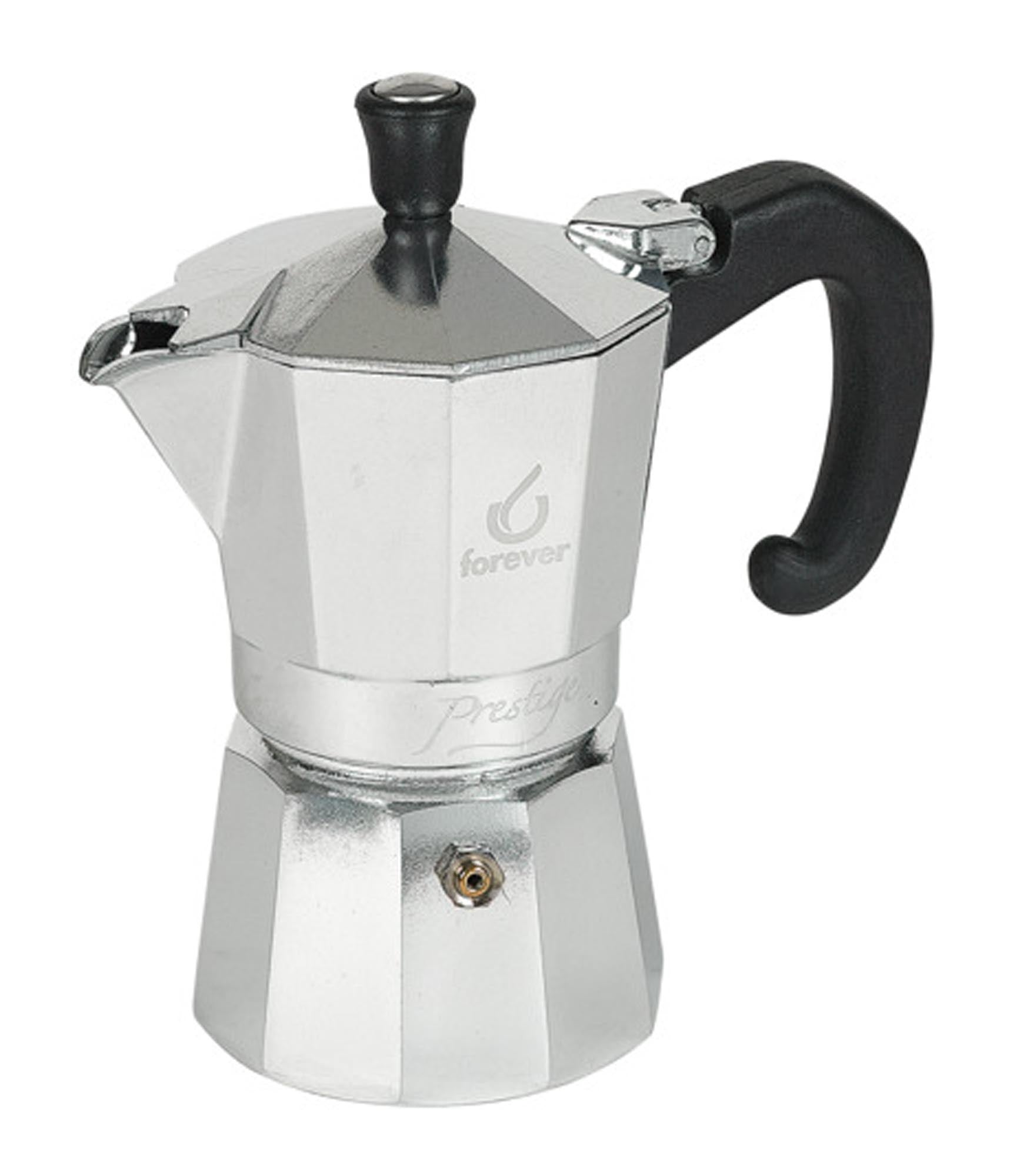 Entdecken Sie den FOREVER Moka Prestige Kaffeezubereiter für 2 Tassen. Hochwertiger Edelstahl, ideal für aromatischen italienischen Kaffeegenuss.