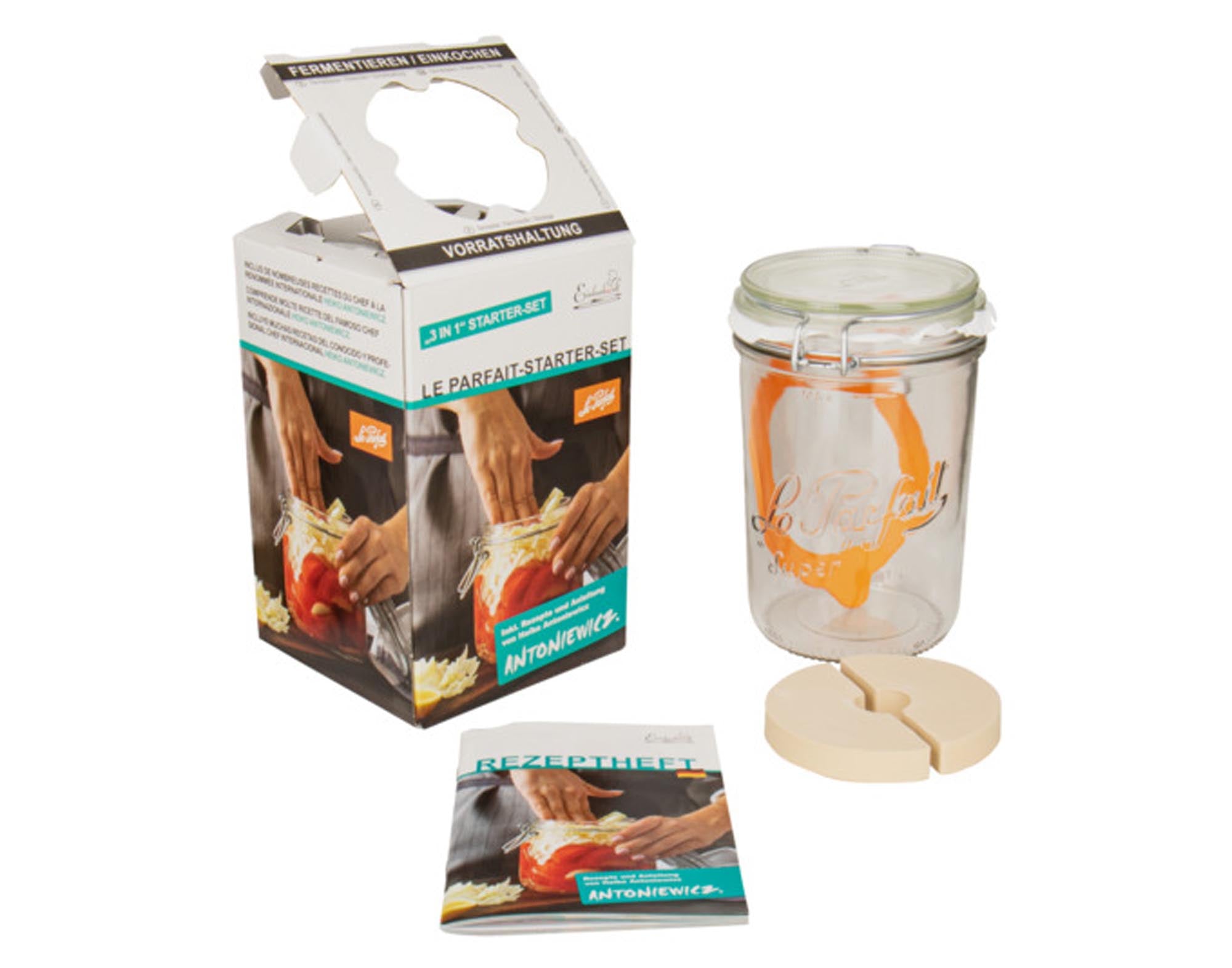 Entdecken Sie das EINKOCHWELT Fermentier Set Le Parfait 1000 ml für gesunde, selbstgemachte fermentierte Lebensmittel wie Sauerkraut und Joghurt.