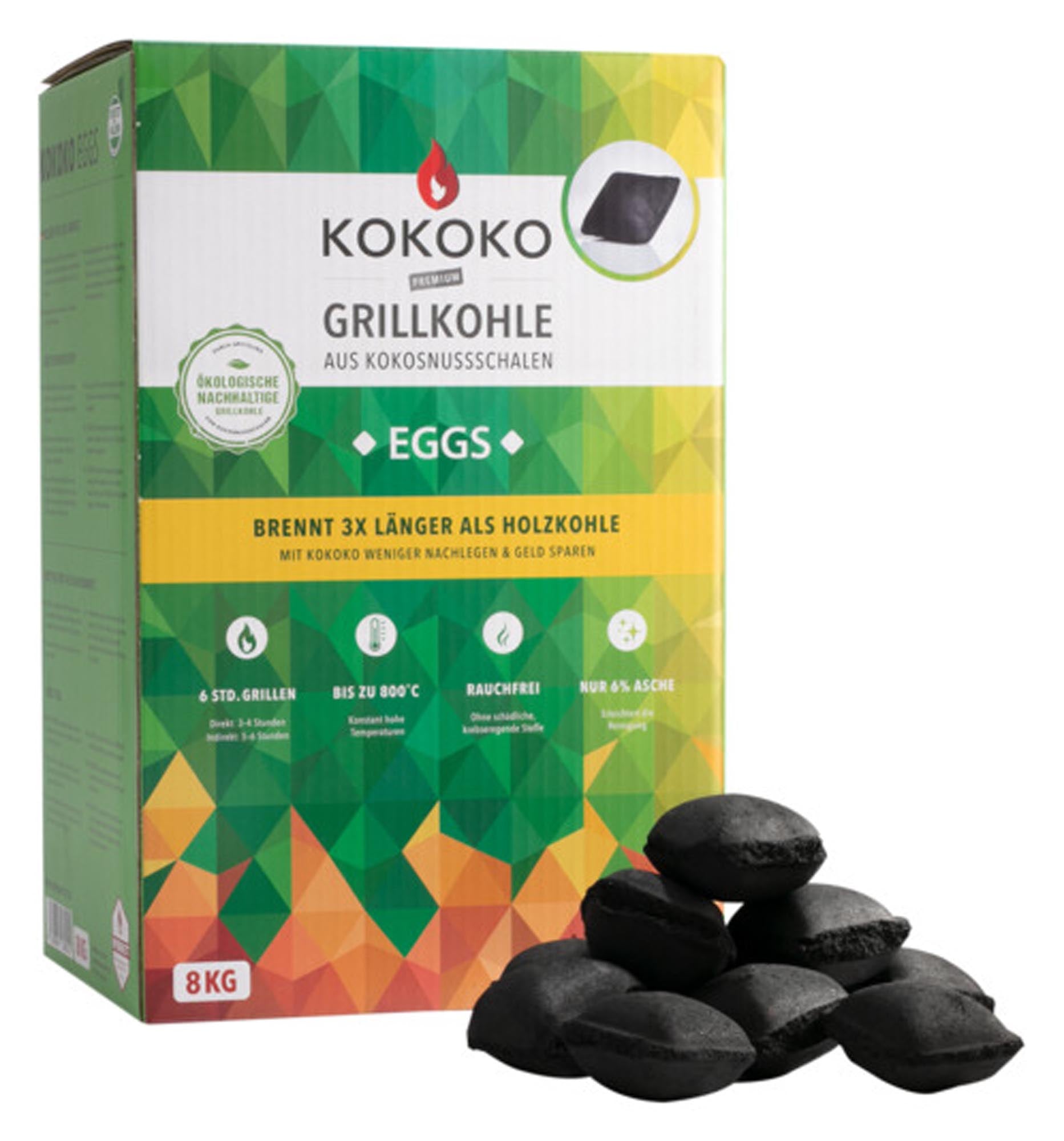 Entdecken Sie die MCBRIKETT Grillkohle Kokoko Eggs 8 kg – hochwertige, natürliche Holzkohle für rauchfreies Grillen und optimale Hitzeverteilung.