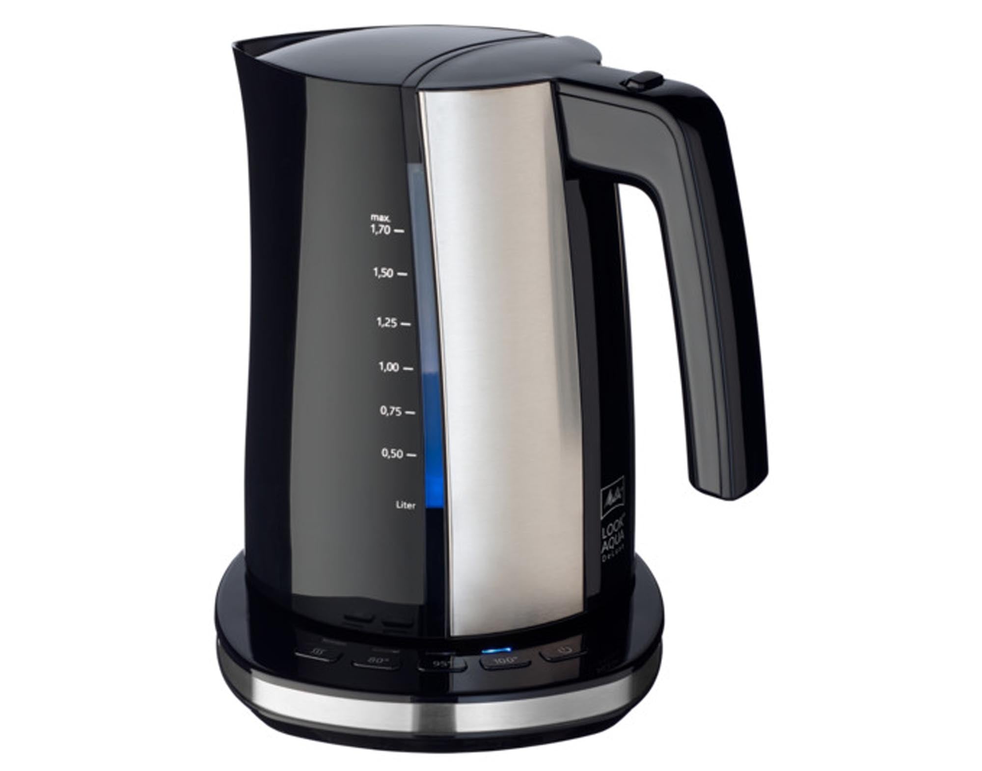 Entdecken Sie den MELITTA Wasserkocher Look Aqua DeLuxe: modernes Design, 1,7 l Fassungsvermögen, 2200 W Heizleistung, sicher und elegant für jede Küche.
