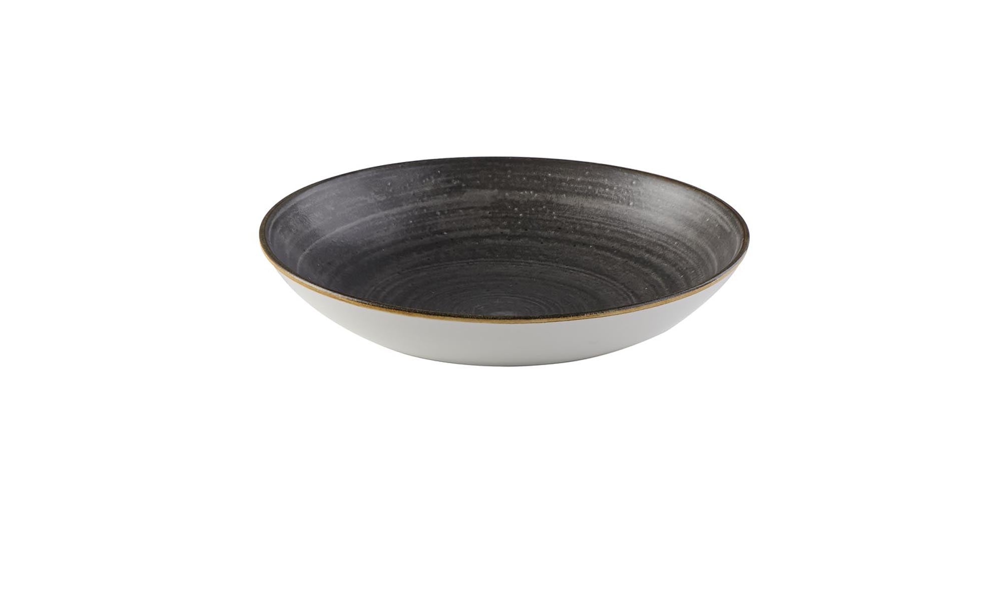Eleganter, tiefen Coupe Teller in Raw Black von Stonecast, 24.8 cm Durchmesser, ideal für stilvolle Tischdekoration und Servieren.