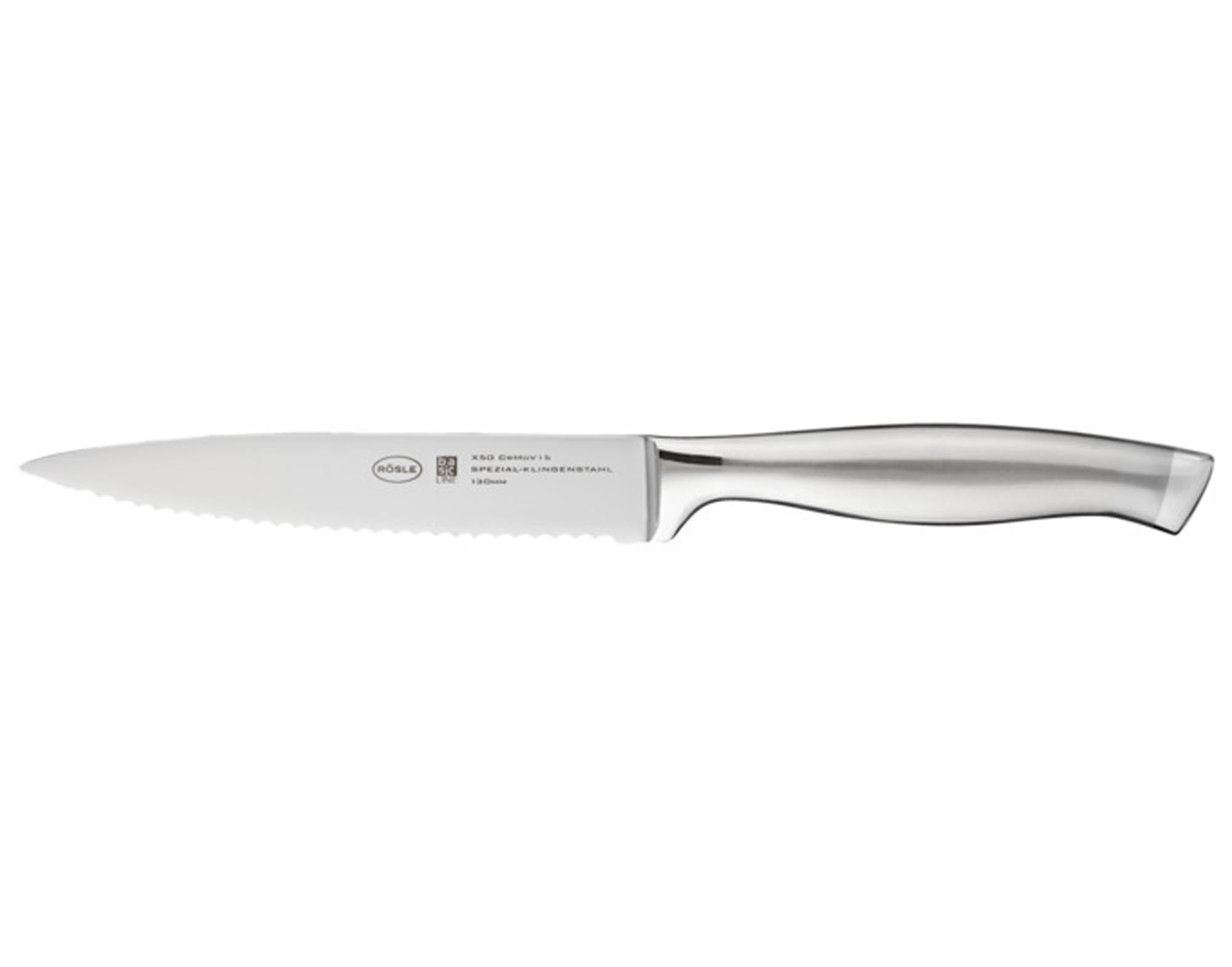 Entdecken Sie das RÖSLE Universalmesser Basic Line 13 cm: hochwertiger Edelstahl, ergonomisches Design, vielseitig für Obst, Gemüse und Fleisch.