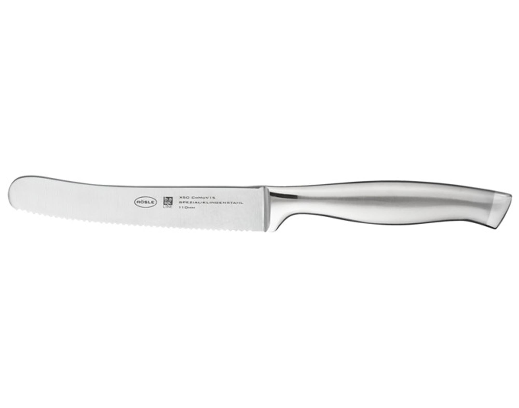 Entdecken Sie das RÖSLE Frühstücksmesser Basic Line 11 cm: scharfe Edelstahlklinge, ergonomisches Design, ideal für Brötchen und Brot.
