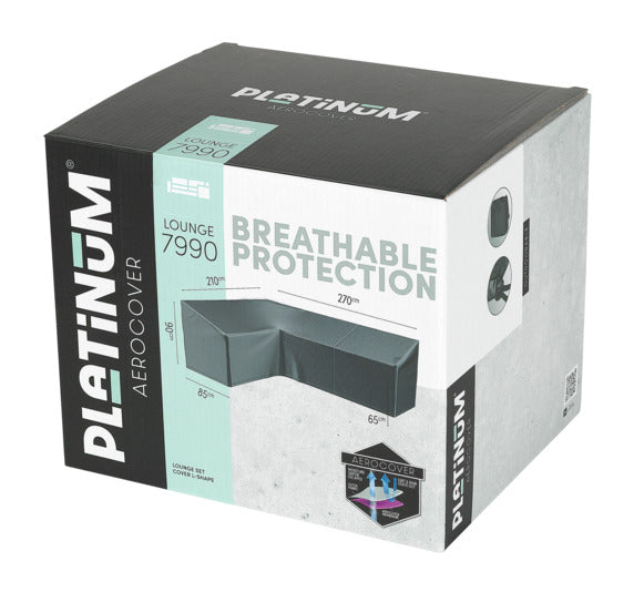 Hochwertige L-förmige Schutzhülle von Platinum AeroCover, ideal für Gartenmöbel, 270x210x85xH65/90 cm, wasserabweisend und atmungsaktiv.