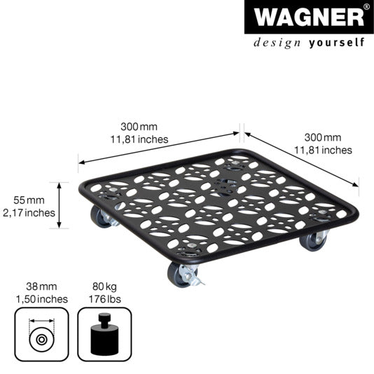 Praktischer WAGNER Pflanzenroller GH0936, 30x30 cm, schwarz. Ideal für müheloses Bewegen von Pflanzen, mit 4 Lenkrollen und Feststellern für sicheren Stand.