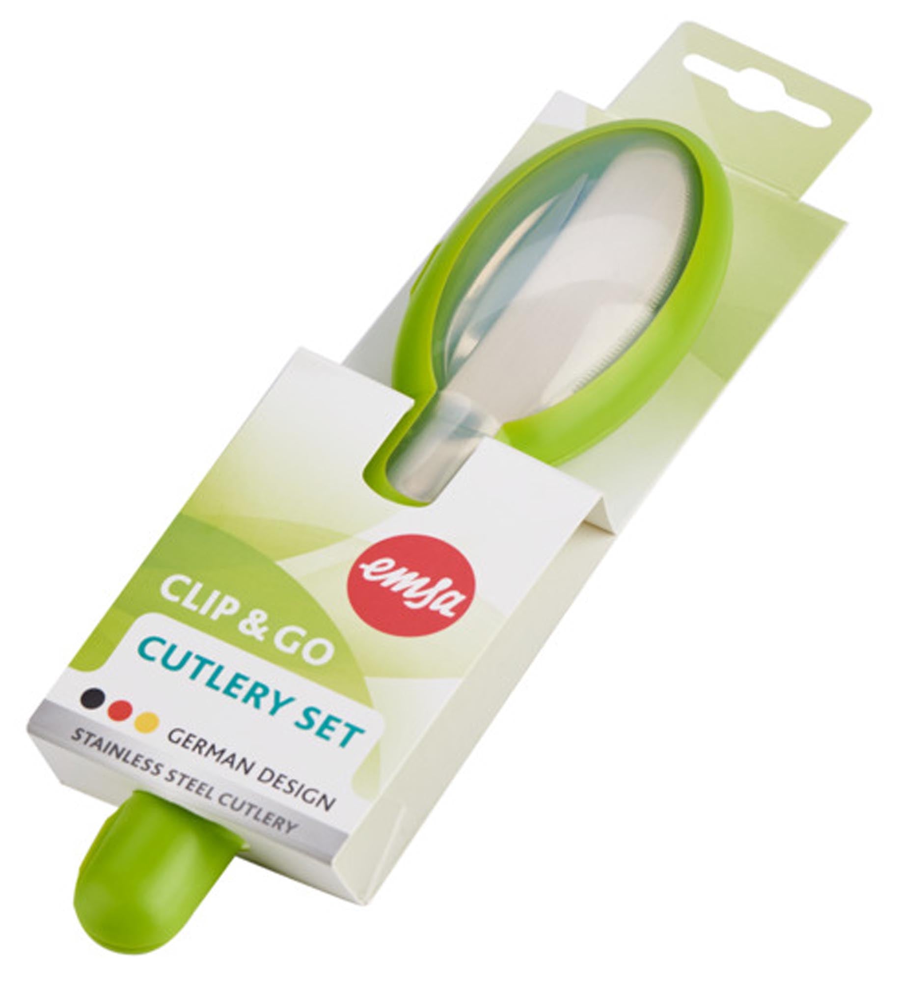 Praktisches 3-teiliges Besteckset von EMSA für unterwegs: Messer, Gabel und Löffel, BPA-frei, leicht und bruchsicher. Ideal für Picknicks und Reisen!