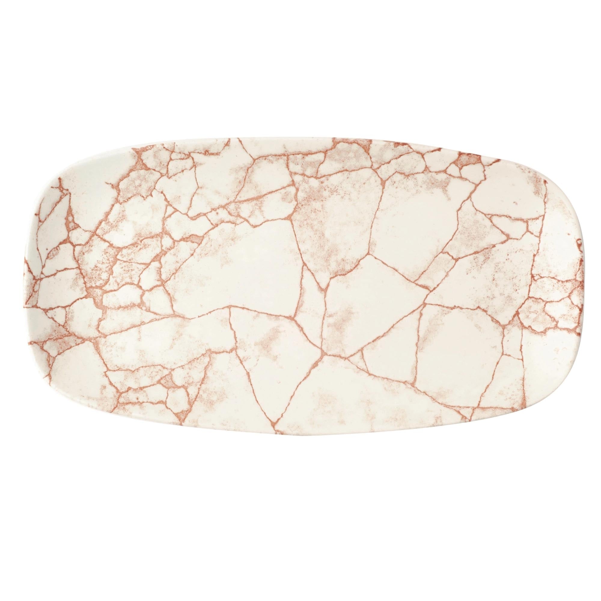 Elegante Porzellanplatte (29.8x15.3cm) in Koralltönen, inspiriert von Kintsugi. Ideal für stilvolle Präsentationen.