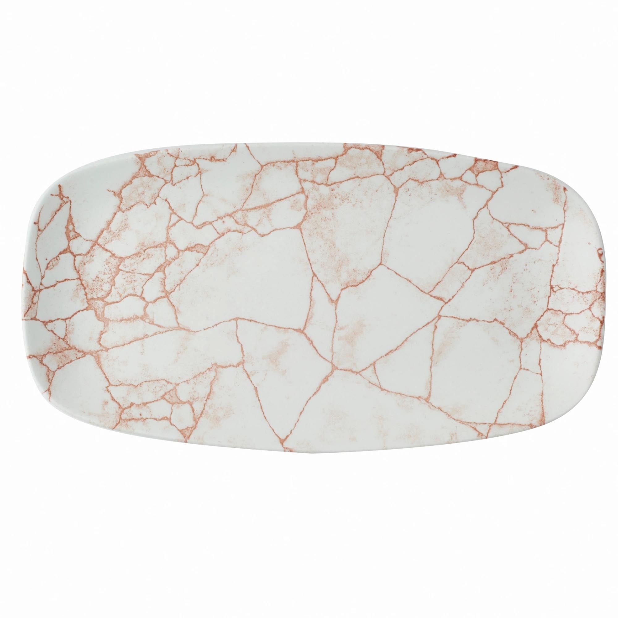 Elegante Porzellanplatte mit Kintsugi-Design, korallenfarben und goldakzentuiert, ideal für stilvolles Servieren.