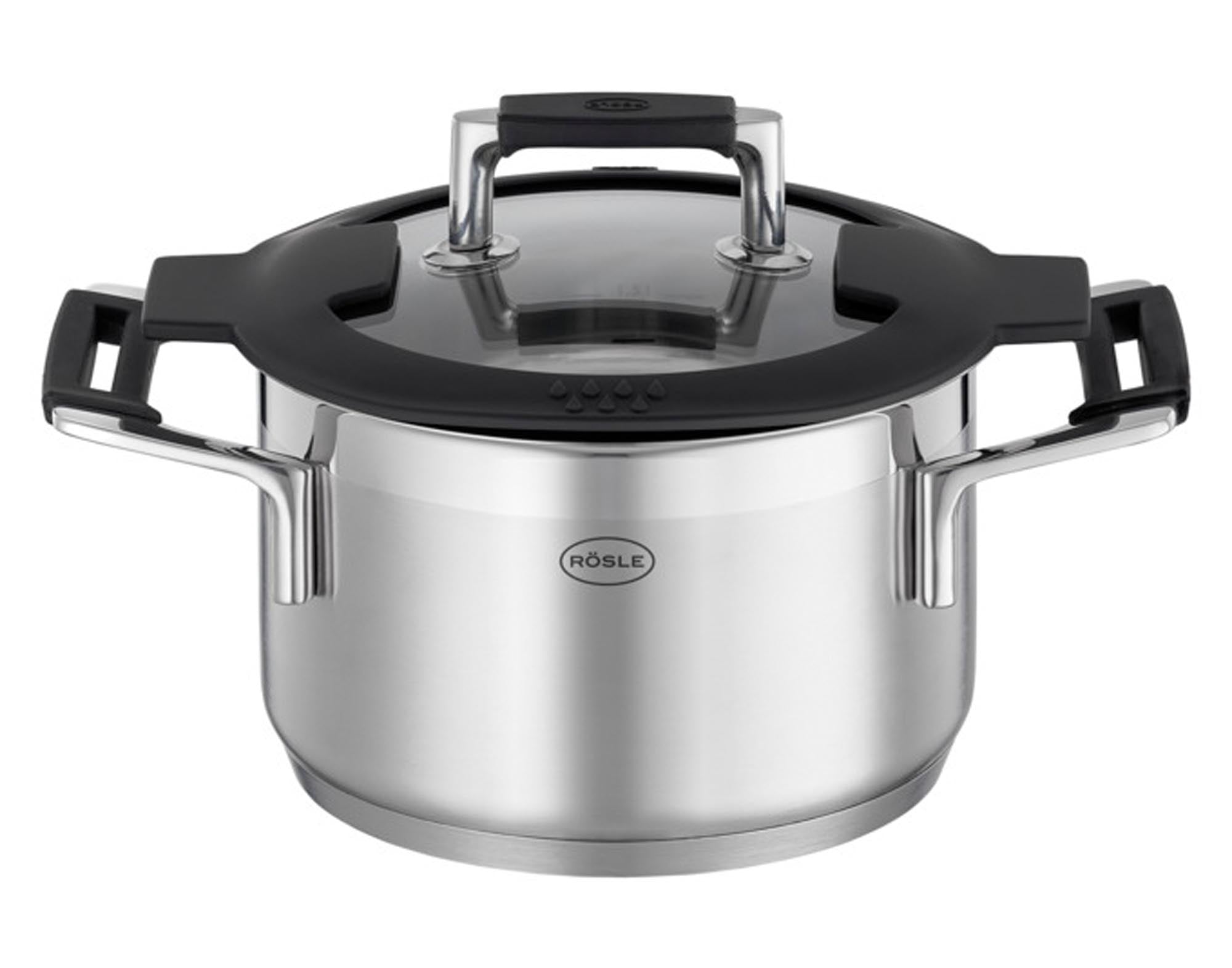 Entdecken Sie den RÖSLE Kochtopf SilencePro ø 16 cm: hochwertiger Edelstahl, geräuschloses Kochen, optimale Wärmeverteilung, spülmaschinenfest.