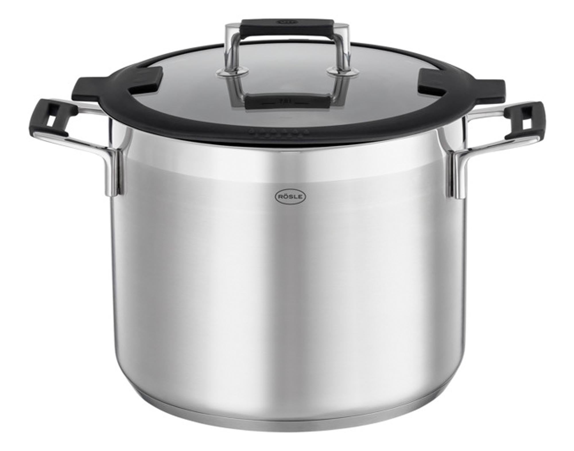 Eleganter RÖSLE Kochtopf ø 20 cm: Edelstahl, Sandwichboden, Glasdeckel, ideal für Induktion und kleine Portionen.