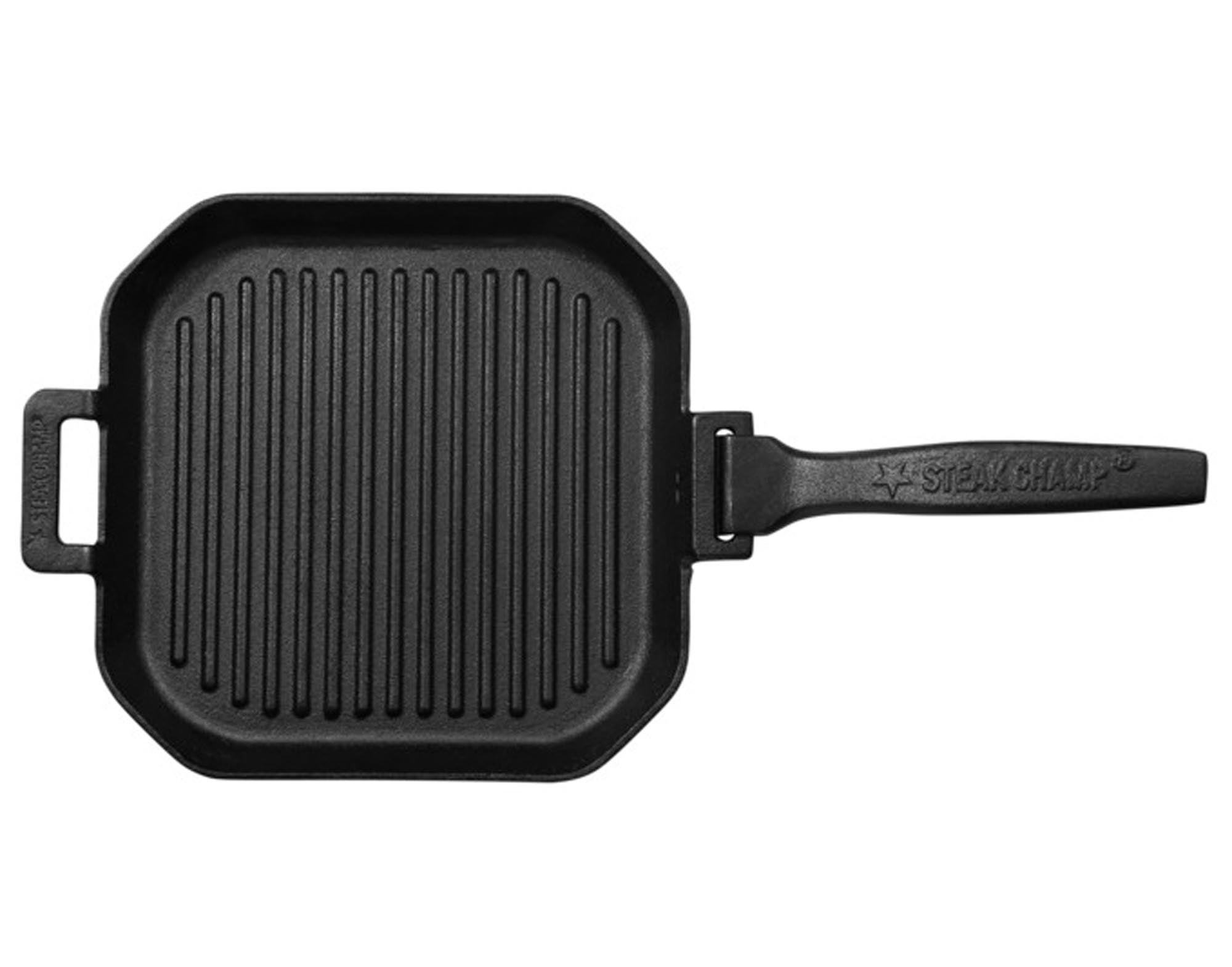 Entdecken Sie die STEAK CHAMP Grillpfanne aus Gusseisen (26 cm) mit abnehmbarem Griff. Perfekte Hitzeverteilung, Grillmuster und Langlebigkeit für Grillliebhaber!