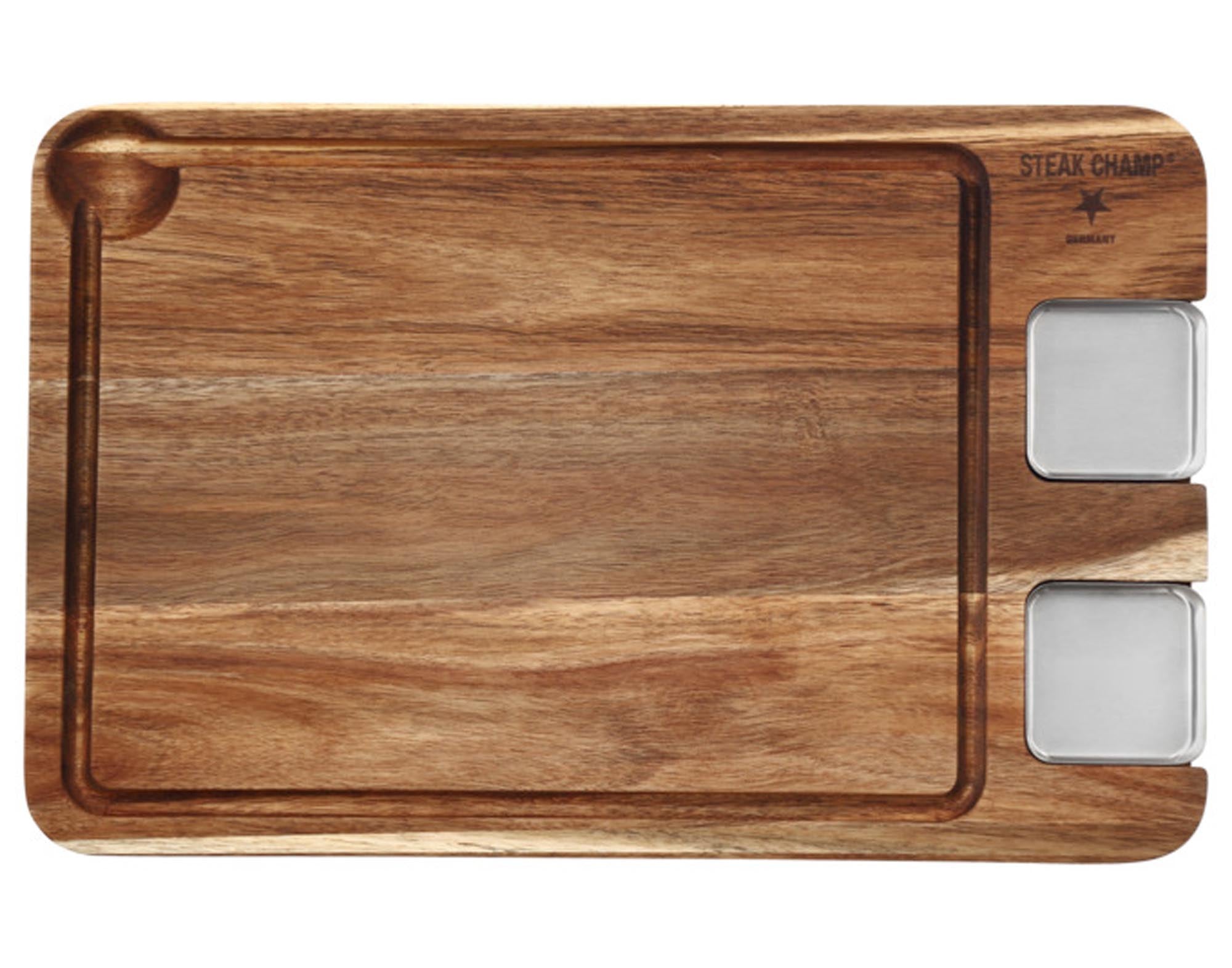 Entdecken Sie das STEAK CHAMP Schneidebrett 42x27 cm aus Akazie – robust, pflegeleicht und ideal für Grillzubehör. Perfekt für Fleisch und Gemüse!