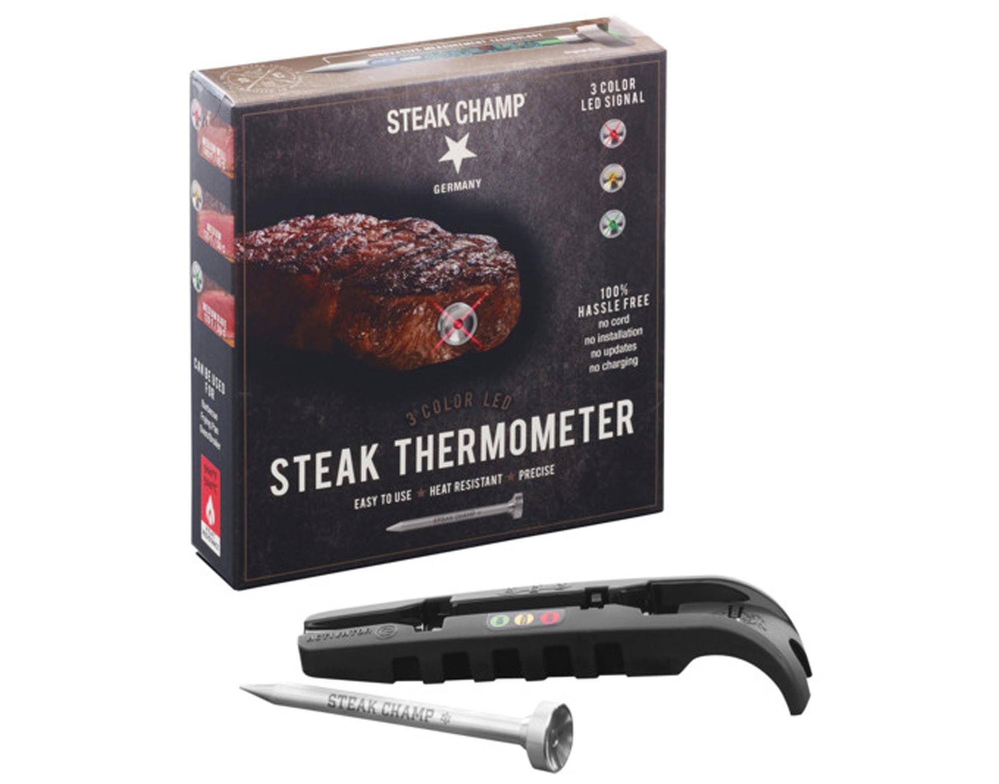 Entdecken Sie das STEAK CHAMP LED-Fleischthermometer für präzise Garstufen. Ideal für Steak, Lamm und Hähnchen. Hochwertig, kompakt und benutzerfreundlich.