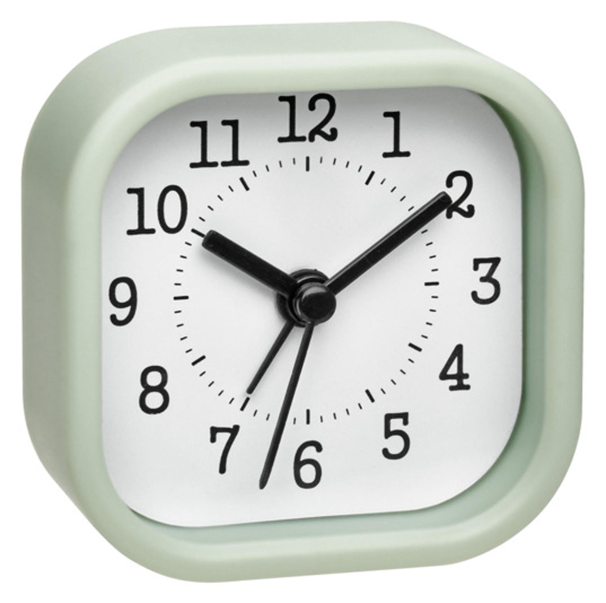 Kompakter TFA Reisewecker in pastellgrün: analog, leicht, zuverlässig. Ideal für Reisen, mit Alarmfunktion und einfacher Bedienung.