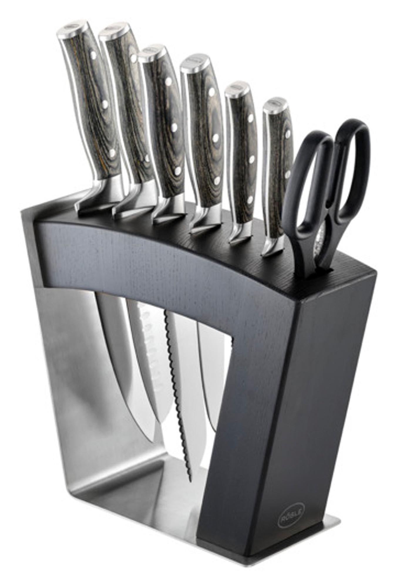 Eleganter Messerblock von RÖSLE: Platzsparend, aus Holz und Edelstahl, für sichere und stilvolle Messeraufbewahrung.