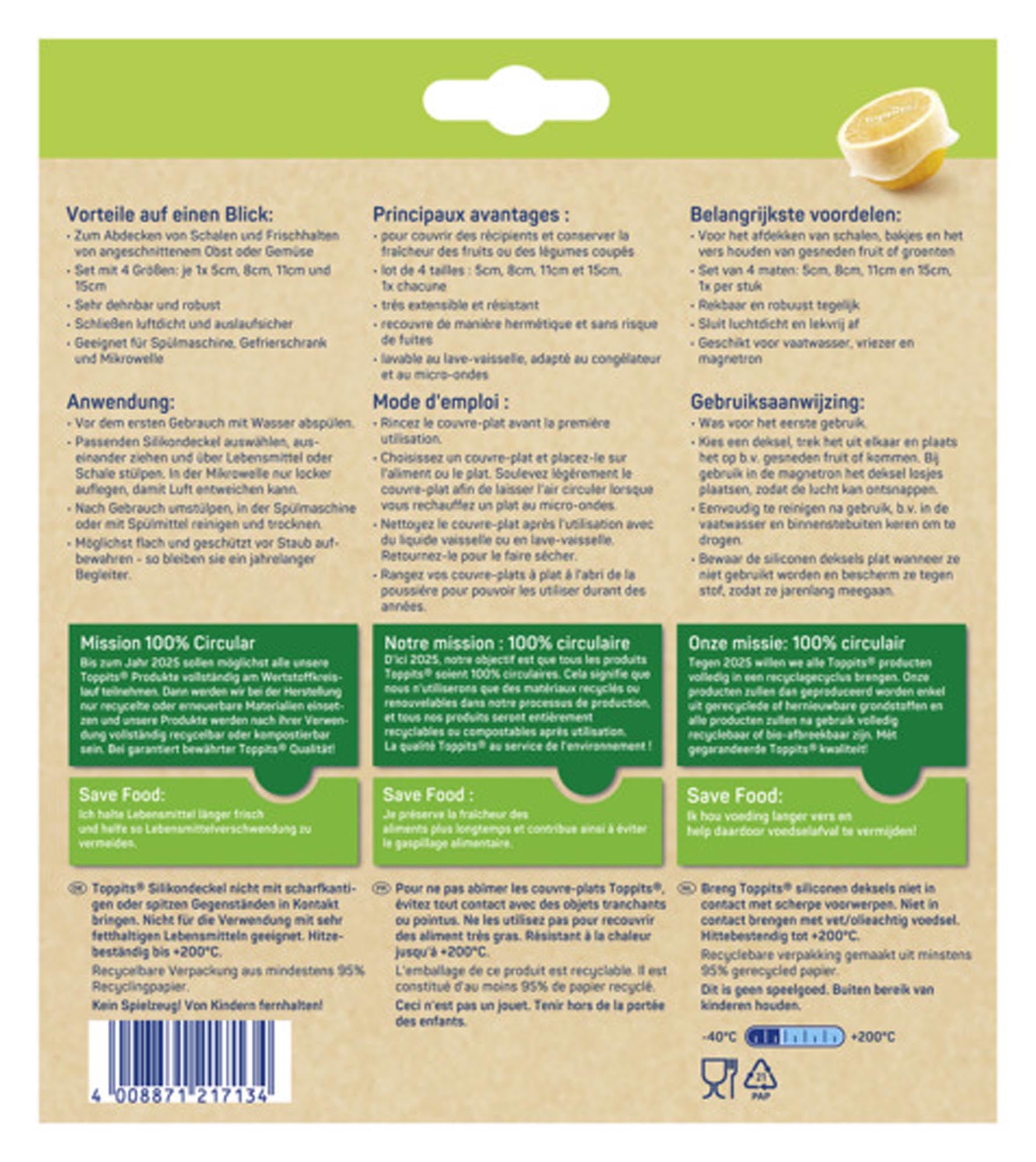 TOPPITS Stretch Tops: 4 elastische Silikondeckel für luftdichte Frische. Wiederverwendbar, spülmaschinenfest, umweltfreundlich. Perfekt für jede Behältergrösse.