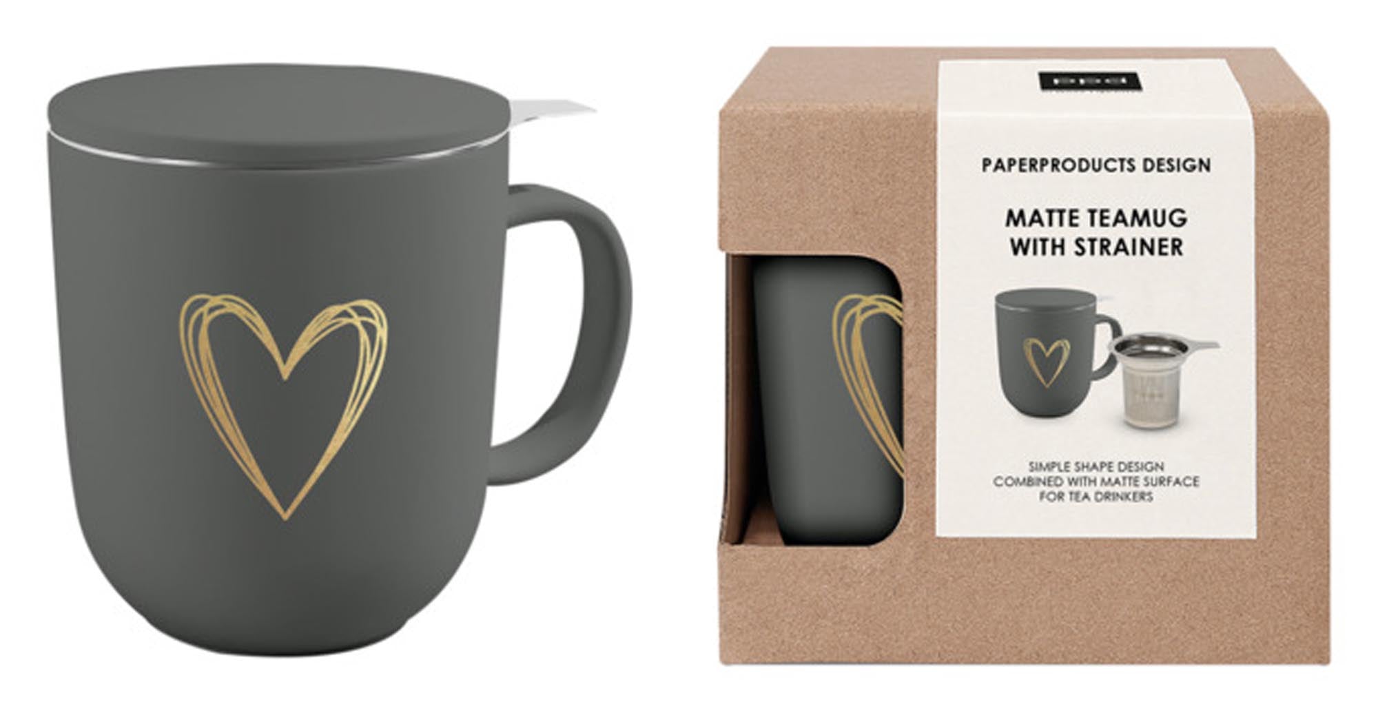 Entdecken Sie die PPD Teetasse Pure Heart Gold in Anthrazit. Hochwertiges Porzellan, integriertes Sieb, elegantes Design – ideal für Teeliebhaber!