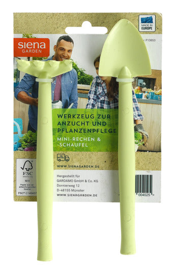 Entdecken Sie das SIENA GARDEN Pikierwerkzeugset mit Rechen und Schaufel – ideal für präzises Umpflanzen und Vermehrungsarbeiten im Garten.