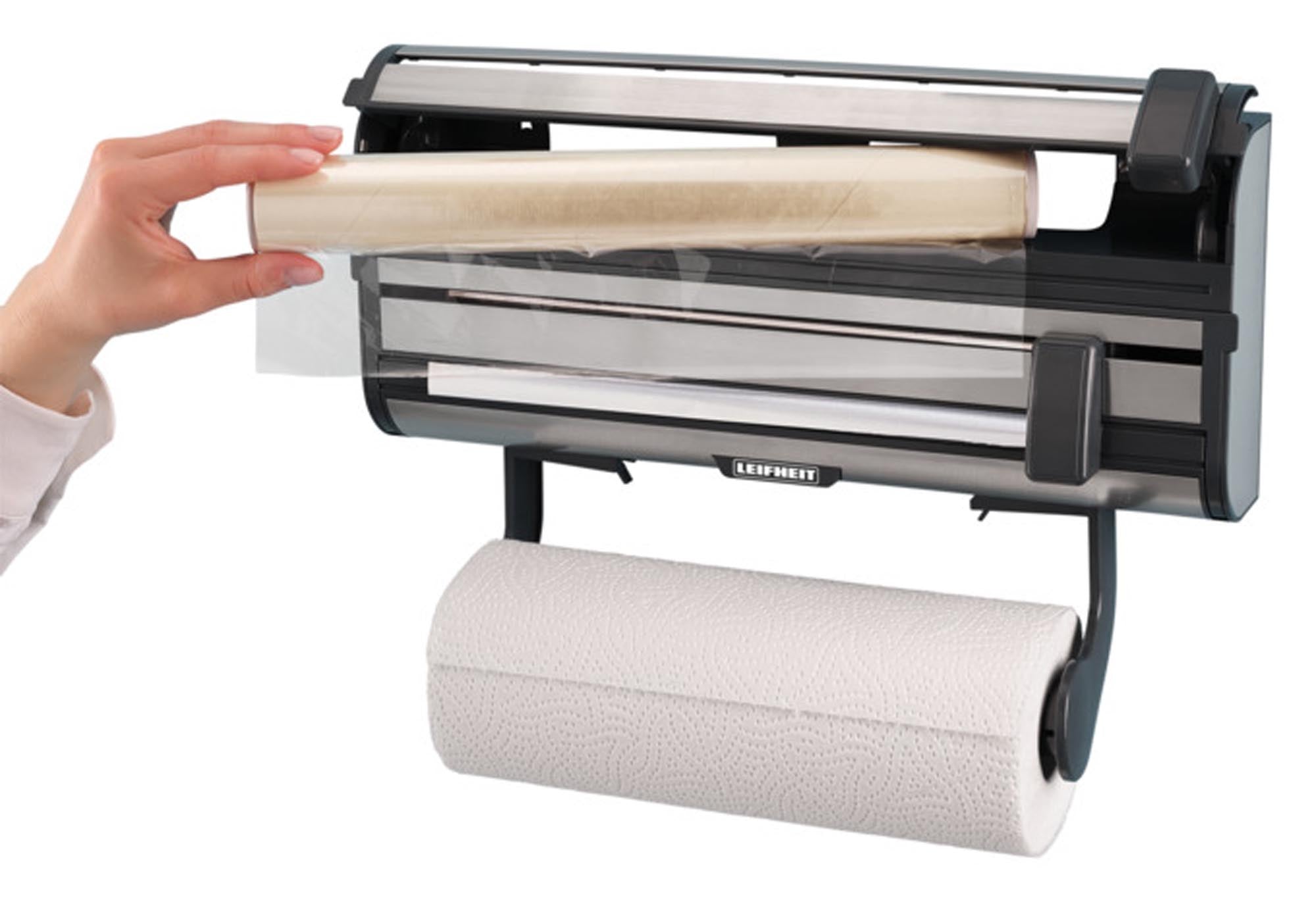 Eleganter LEIFHEIT Rollenhalter aus Edelstahl für Alu-, Frischhaltefolie & Küchenrolle. Robust, pflegeleicht, funktional.