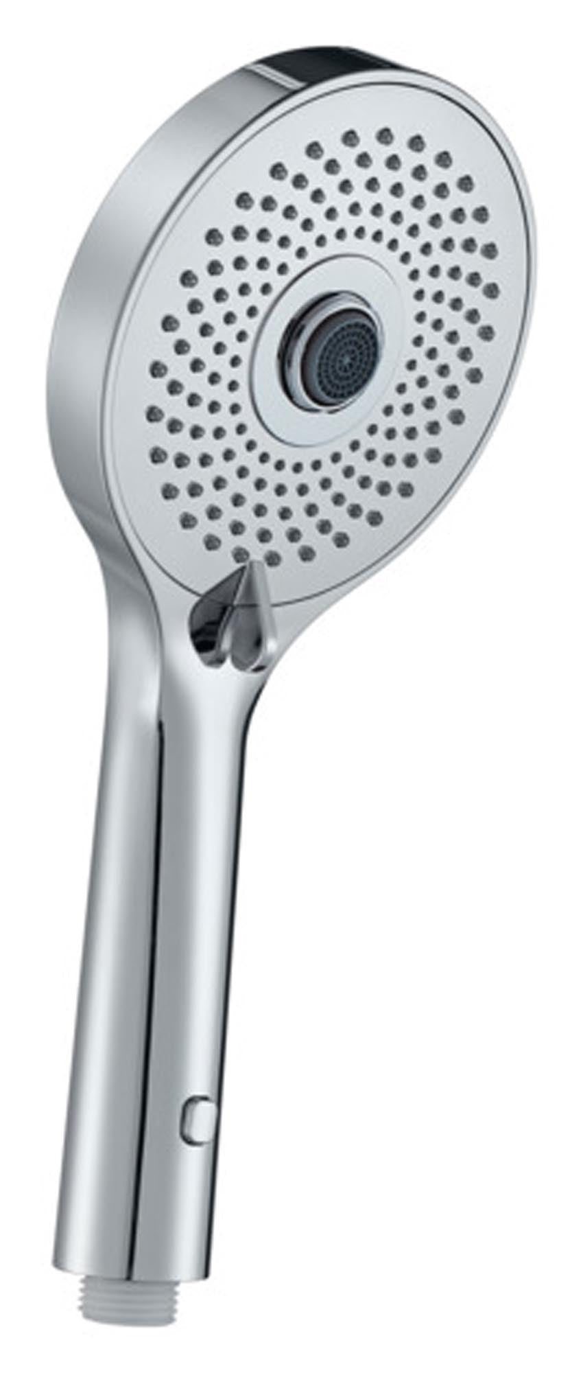 Entdecken Sie den eleganten DIAQUA Brausegriff Eco Slim Tre 1/2" mit 3 Jets. Hochwertiges Messing, glänzende Chromoberfläche, ergonomisches Design.