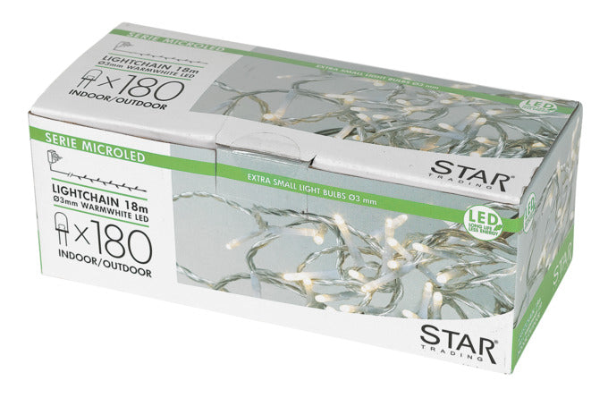 Entdecken Sie die STAR TRADING Lichterkette Micro LED 18 m mit 180 warmweißen Lämpchen. Ideal für stimmungsvolle Dekorationen im Innen- und Außenbereich.