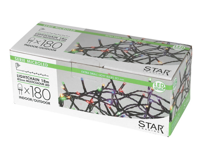 Lichterkette mit 180 warmweissen LEDs, 18 m Länge, schwarzem Kabel, IP44, perfekt für dekorative Beleuchtung drinnen und draussen.