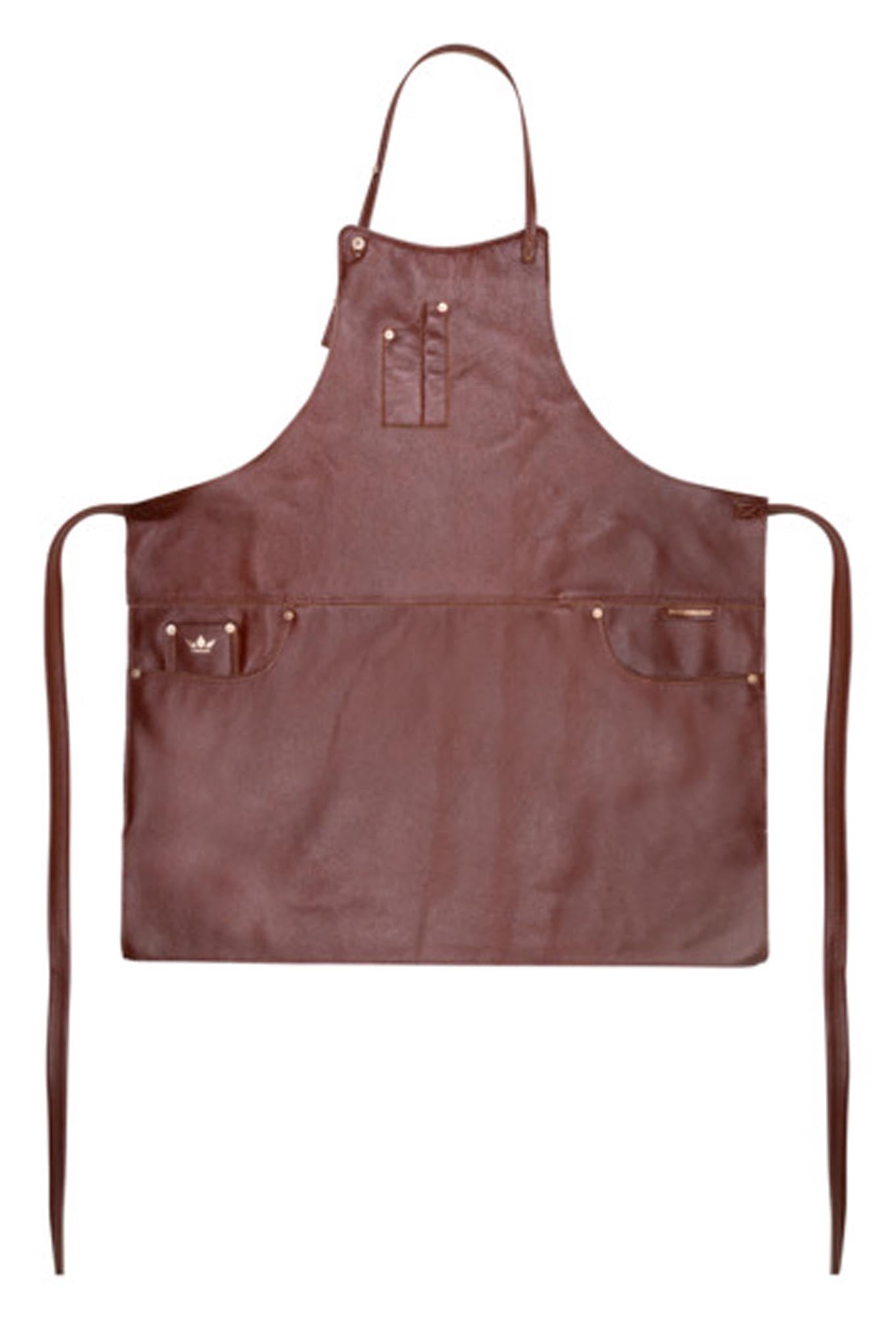 Elegante Slim Fit Leder-Schürze mit 5 praktischen Taschen von DUTCHDELUXES. Ideal für Kochliebhaber, die Stil und Funktionalität schätzen.