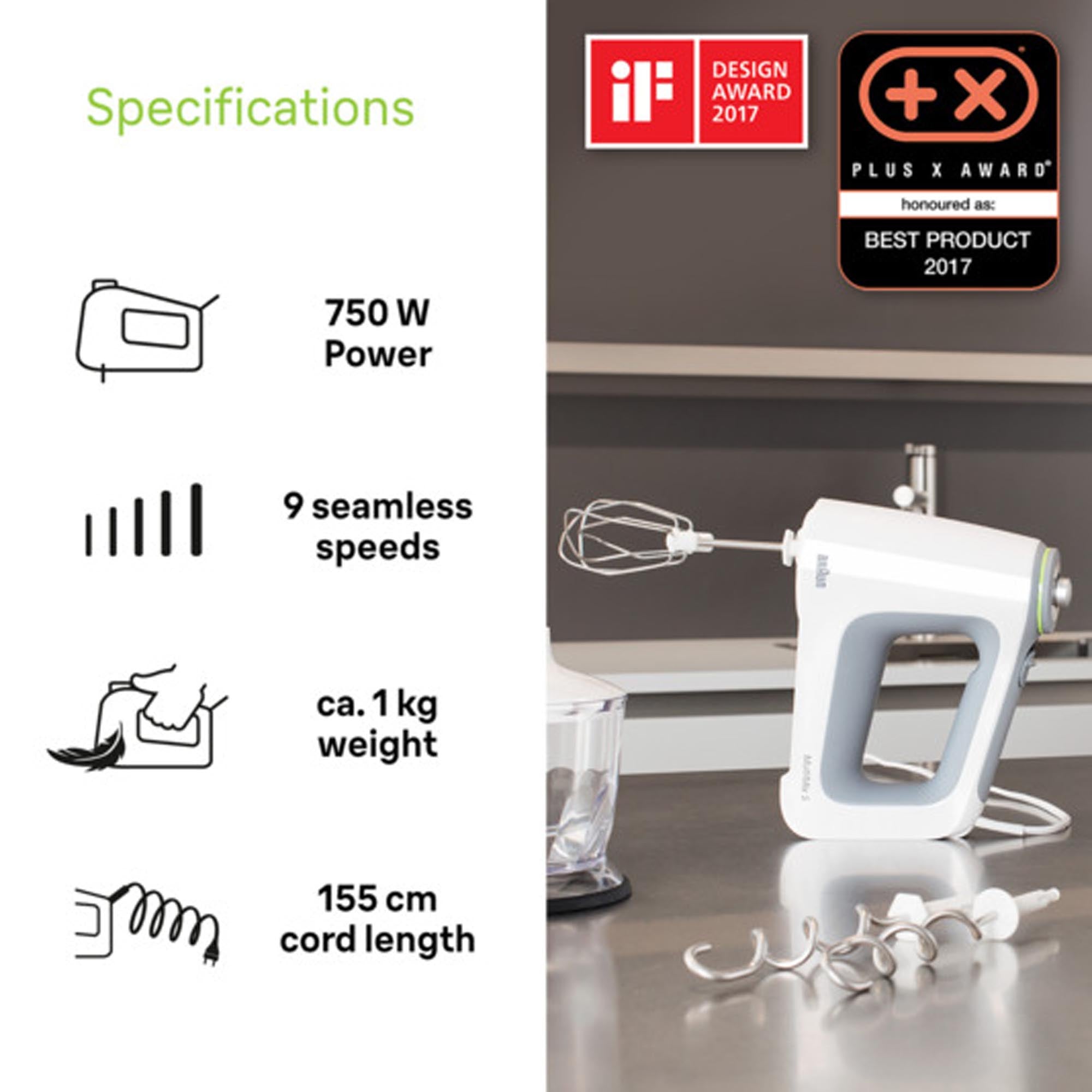 Leistungsstarker BRAUN Handmixer MultiMix 5: 5 Geschwindigkeiten, Turbo-Funktion, ergonomisch, spülmaschinenfest, ideal für Teige.