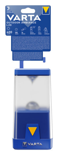 Entdecken Sie die VARTA Outdoor Ambiance L20 Campinglampe mit 400 lm – ideal für Camping, Wandern und stimmungsvolle Abende im Freien. Robuste, spritzwassergeschützte Lampe mit dimmbaren LEDs und sechs Farbmodi für jede Gelegenheit.