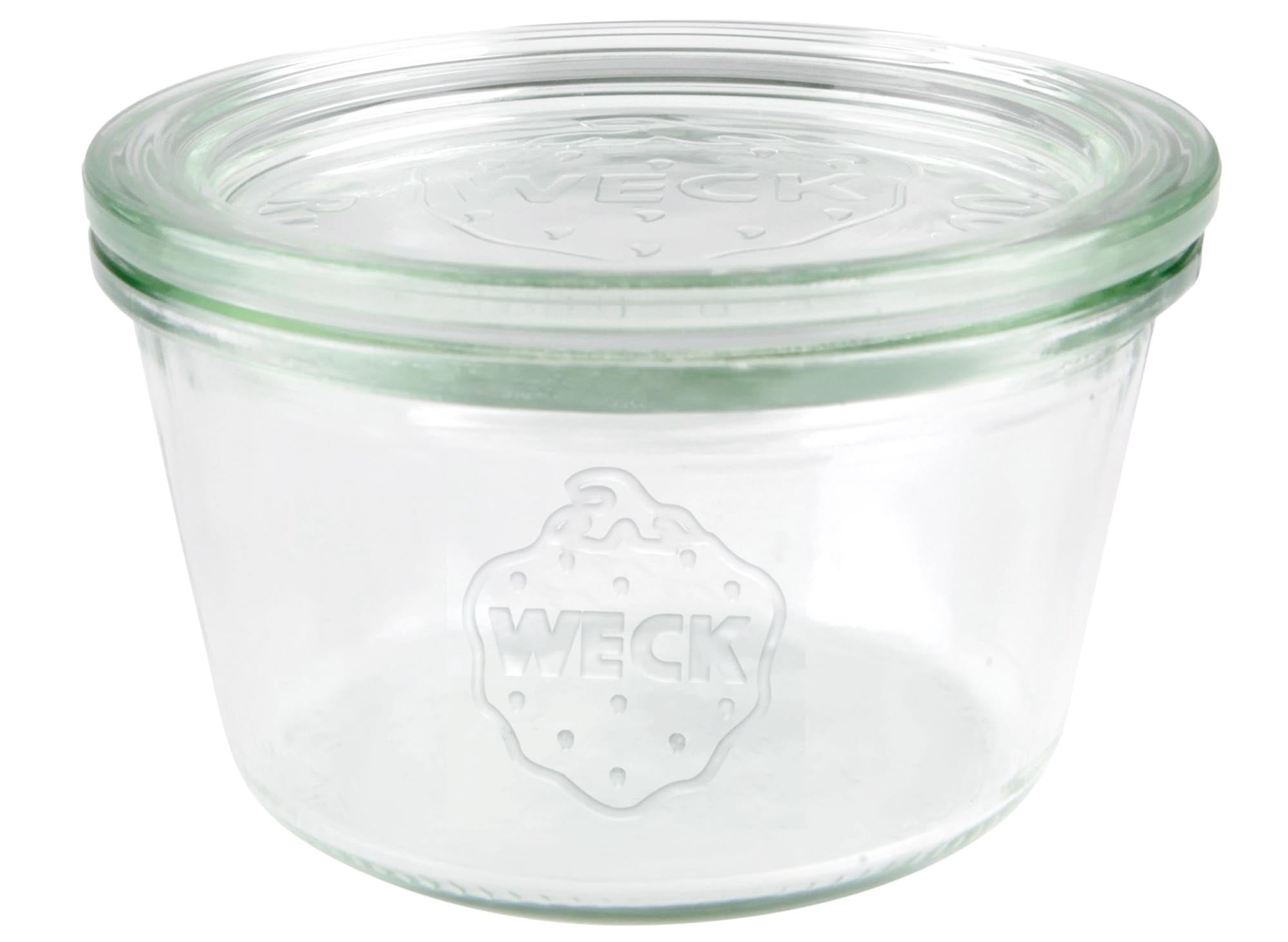 Das WECK Sturzglas Schale 290ml RR100 mit Deckel ist ideal zur Aufbewahrung von Lebensmitteln, umweltfreundlich und spülmaschinenfest.