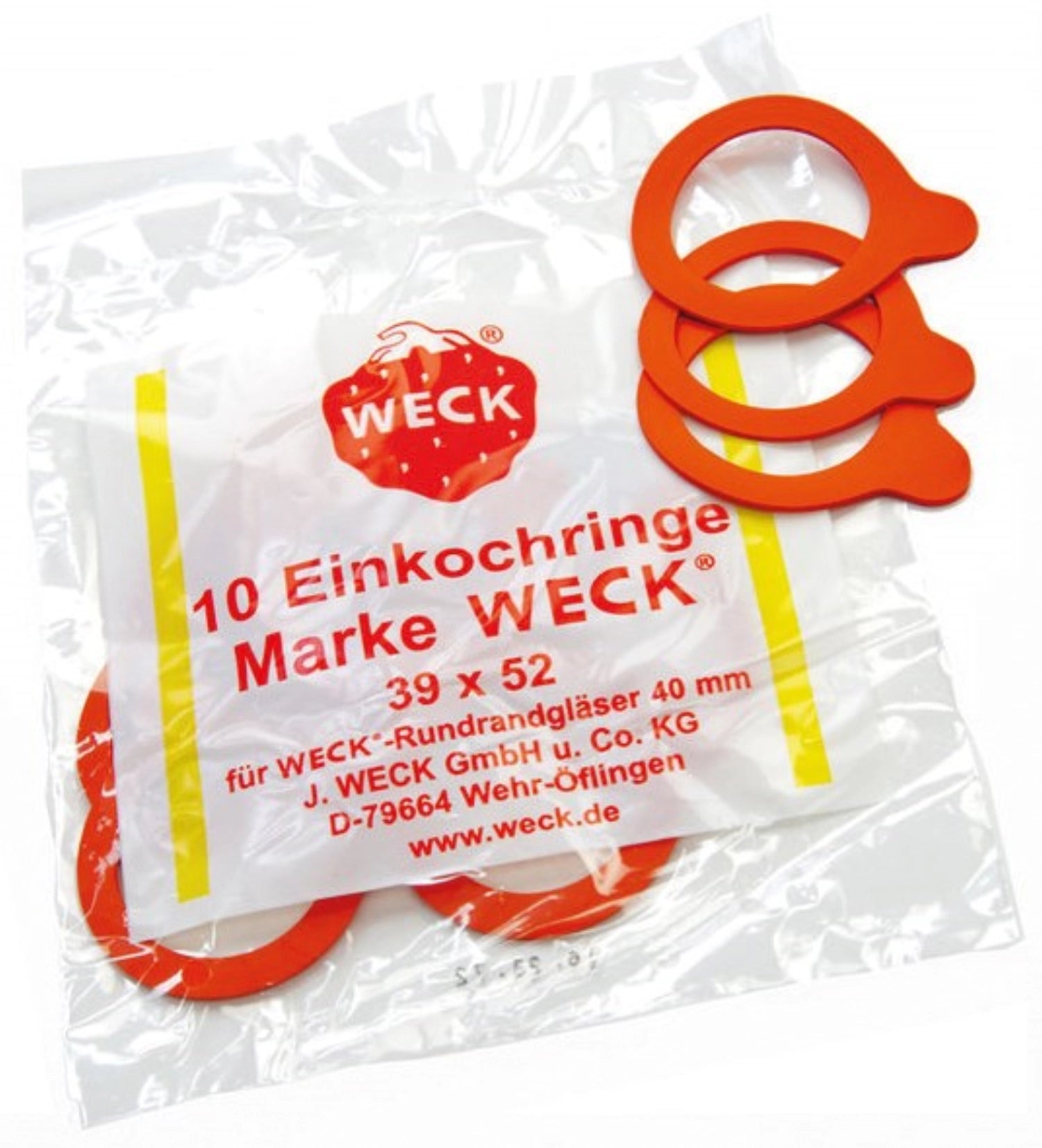 Einkochringe RR40 39x52 von Weck: 10 Stück in Rot, ideal für luftdichtes Einkochen. Hochwertiger Kunststoff für optimale Frische und Sicherheit.
