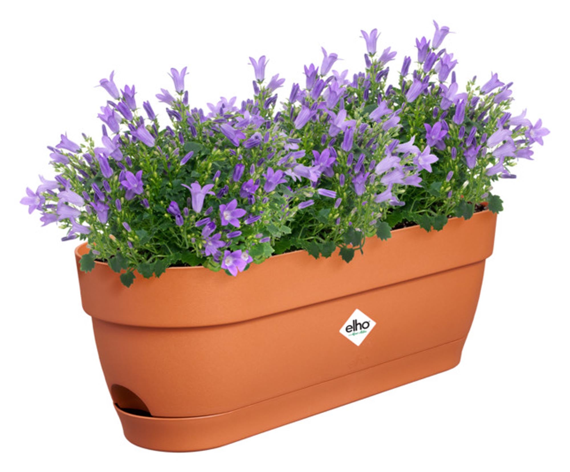 Eleganter ELHO Balkonkasten in Terracotta, 49x18.2x17 cm, aus recyceltem Kunststoff, UV- & frostbeständig, mit Abflusslöchern.