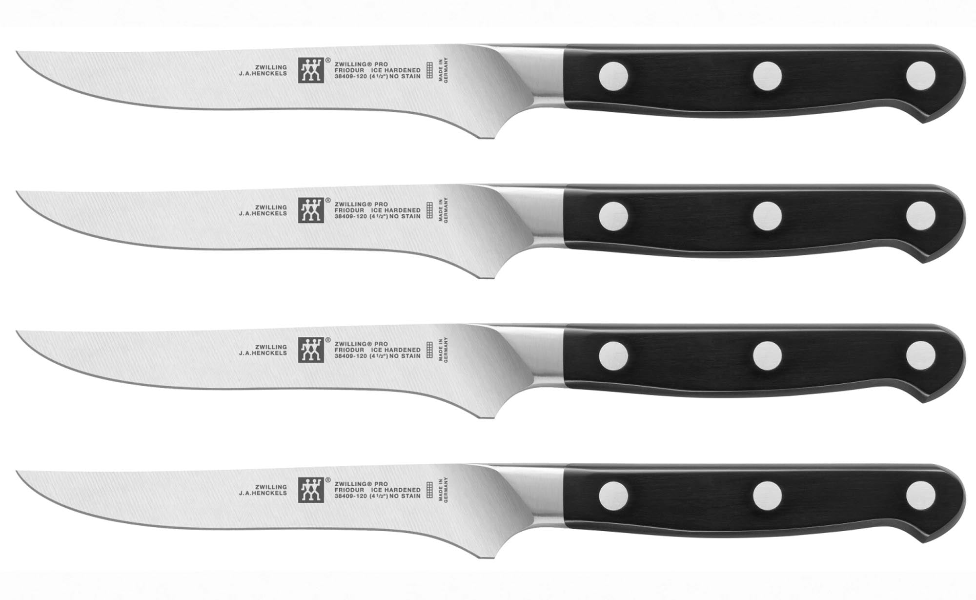 Entdecken Sie das Zwilling Pro 4er Set Steakmesser Pro: Hochwertige Klingen aus Spezialstahl, ergonomische Griffe, ideal für Steakliebhaber und Gastronomie.