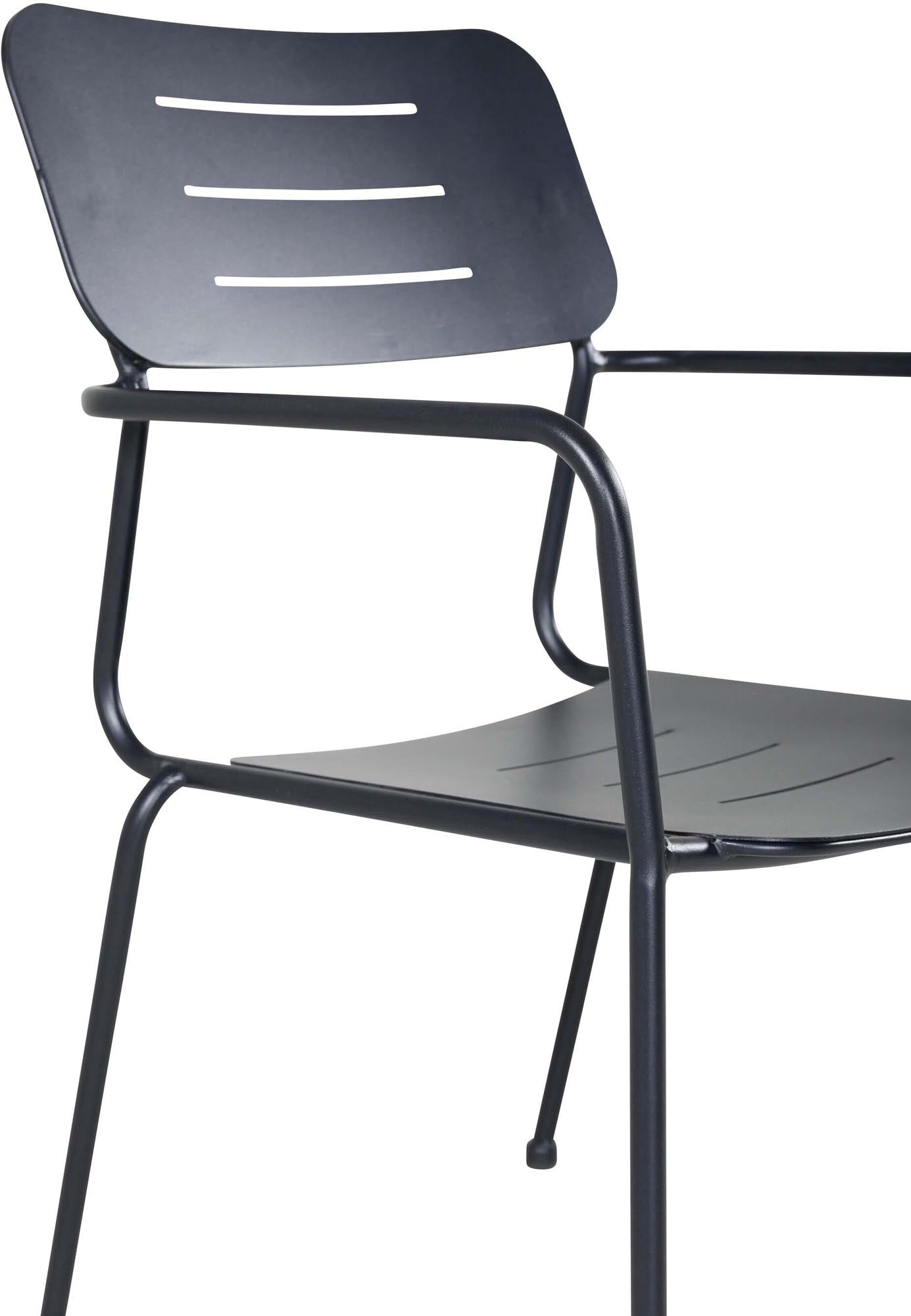 Eleganter Nicke Stuhl aus schwarzem Stahl, ideal für Garten & Balkon. Komfortabel, robust, stapelbar & pflegeleicht.