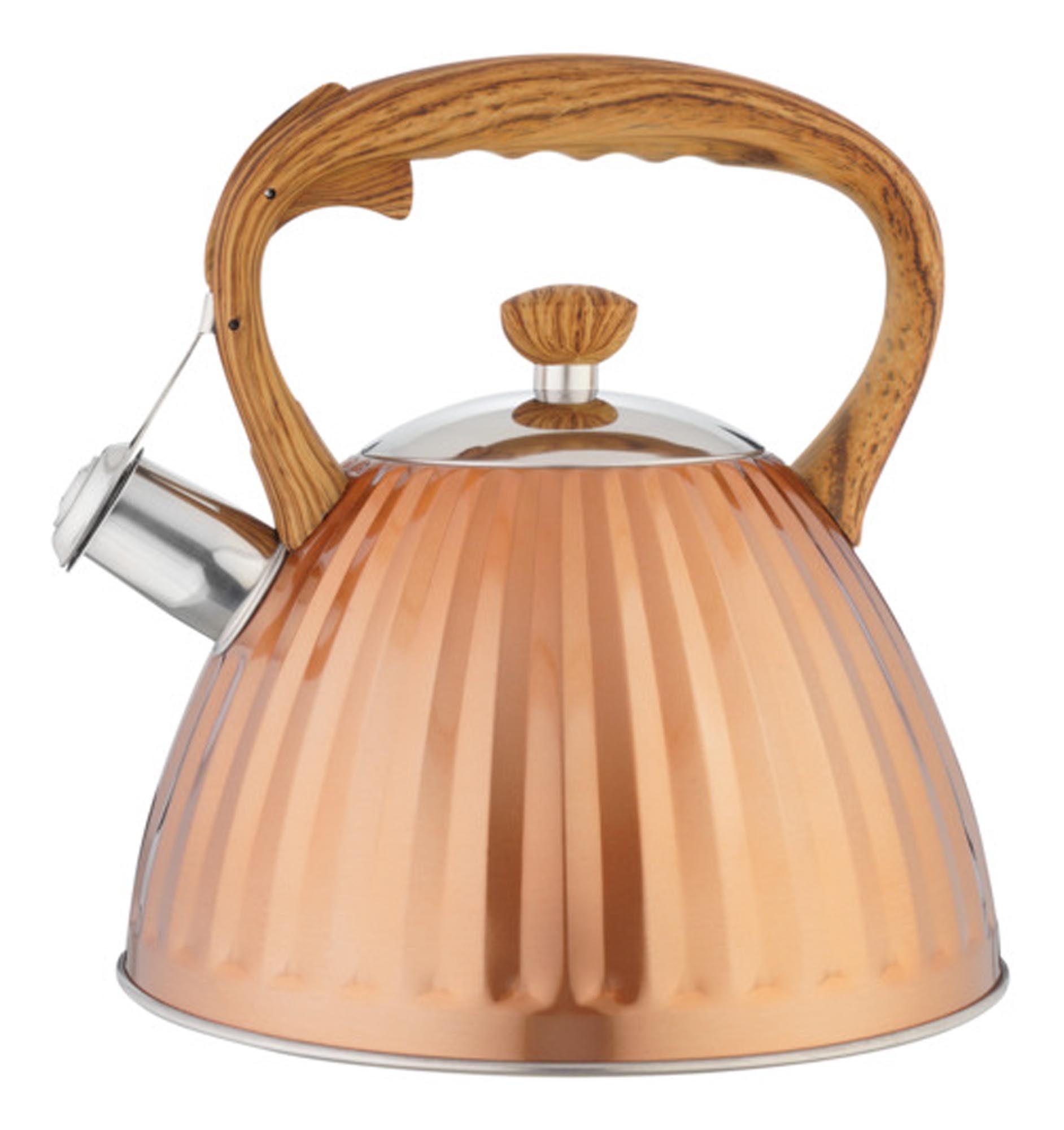 Eleganter 3 l Flötenkessel aus Kupfer mit Holzgriff von EVA COLLECTION. Ideal für Tee, Kaffee und Heißgetränke. Hochwertige Wärmeleitung und stilvolles Design.