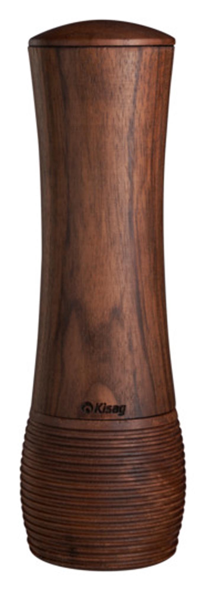 Elegante KISAG Salz- und Pfeffermühle aus dunklem Walnussholz, 20 cm hoch, mit präzisem Mahlwerk für feines Mahlen von Salz und Pfeffer.