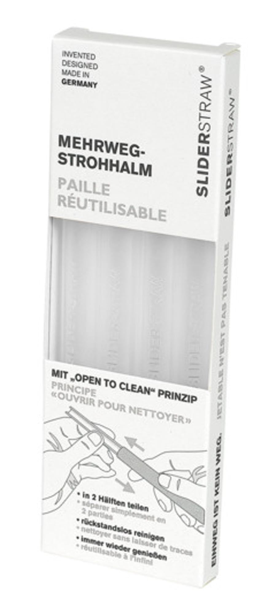 Entdecken Sie die SLIDER STRAW Trinkhalme – 4 transparente, flexible und umweltfreundliche Silikonhalme (15 cm) für Cocktails und Getränke. Spülmaschinenfest!