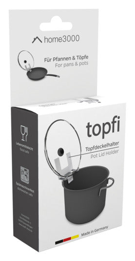 Der HOME3000 Topfdeckelhalter Topfi Inox für Töpfe von 16-30 cm sorgt für Ordnung beim Kochen. Halten Sie den Deckel sicher und tropffrei!