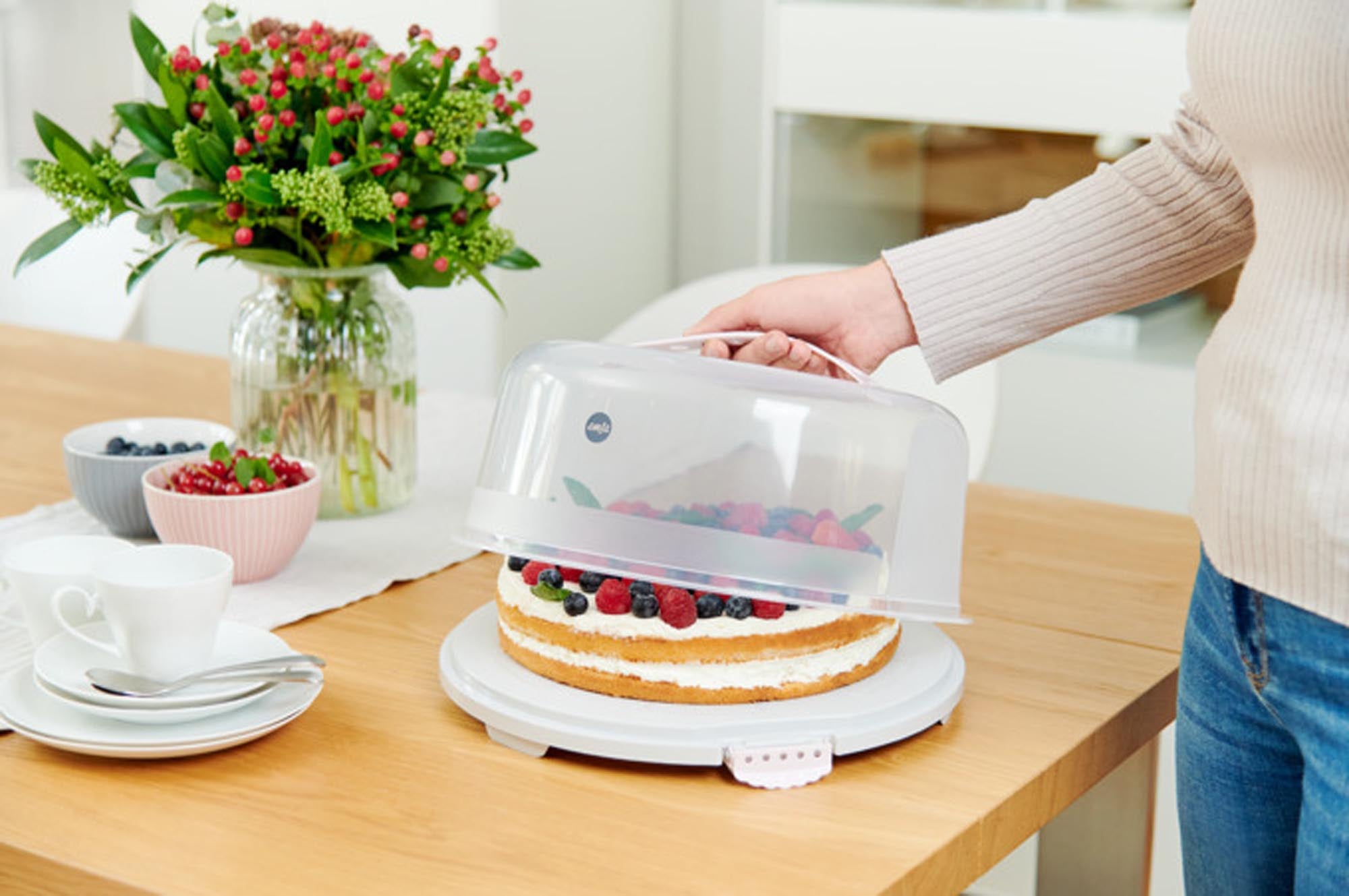 Praktische EMSA Kuchenaufbewahrungsbox in Rosa, ø 34cm. Ideal für große Torten, schützt vor Staub und hält frisch. Spülmaschinengeeignet.