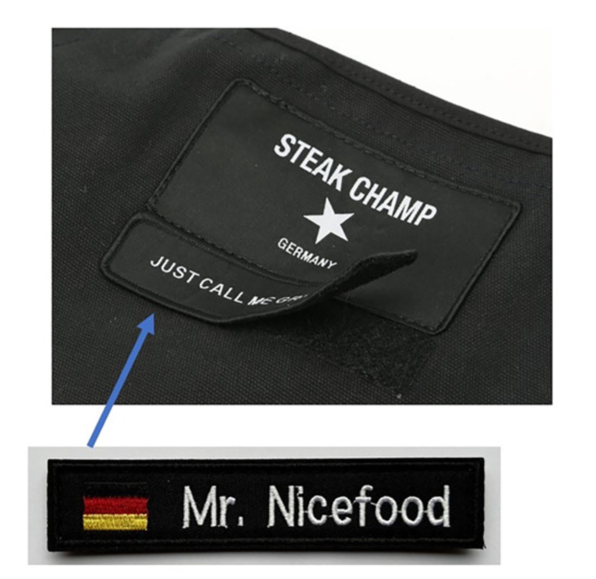 Stylische STEAK CHAMP Schürze: 2 Taschen, Klettverschluss für Personalisierung, ideal für Grillmeister. Robust, pflegeleicht, modern.