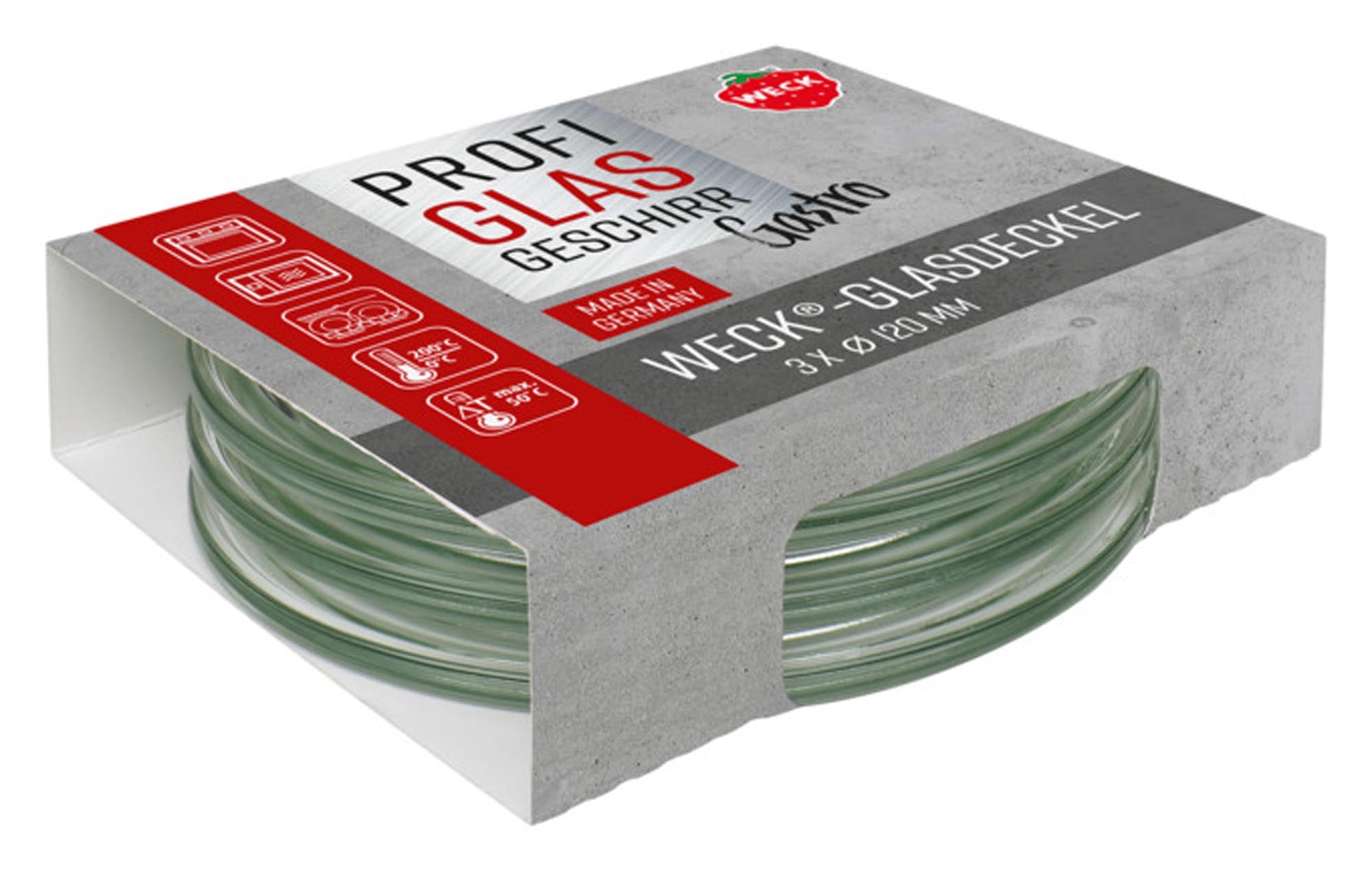 Entdecken Sie die WECK Glasdeckel Gastropack (3 Stück, ø 12 cm) – hitzebeständig, pflegeleicht und ideal für optimale Sicht beim Kochen.