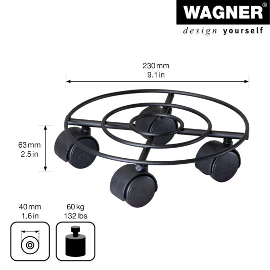 Entdecken Sie den WAGNER Rolluntersetzer ø 230 mm aus pulverbeschichtetem Stahl in elegantem Schwarz matt. Ideal für stilvolle Pflanzenpräsentation und mühelose Mobilität.