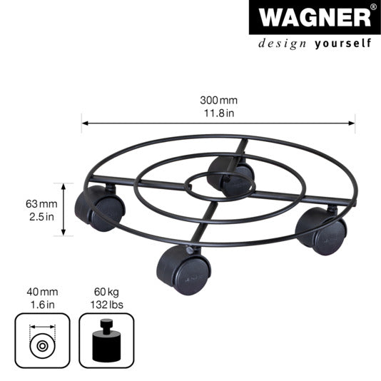 Entdecken Sie den WAGNER Rolluntersetzer ø 300 mm aus pulverbeschichtetem Stahl in elegantem Schwarz matt. Ideal für stilvolle Pflanzenmobilität!