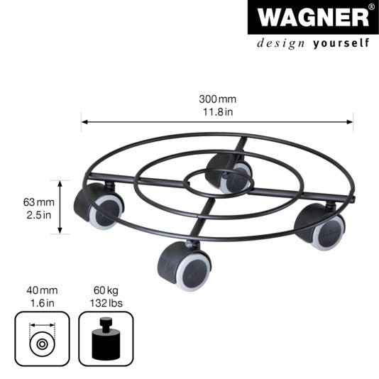Entdecken Sie den WAGNER Rolluntersetzer ø 300 mm in elegantem schwarz matt. Ideal für stilvolle Pflanzenpräsentation und müheloses Bewegen Ihrer Pflanzgefäße.