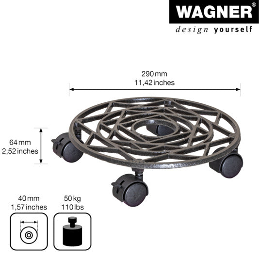 Eleganter WAGNER Rolluntersetzer aus Gusseisen im antiken Design, ideal für Pflanzenarrangements. Mobil und stabil für drinnen und draußen.